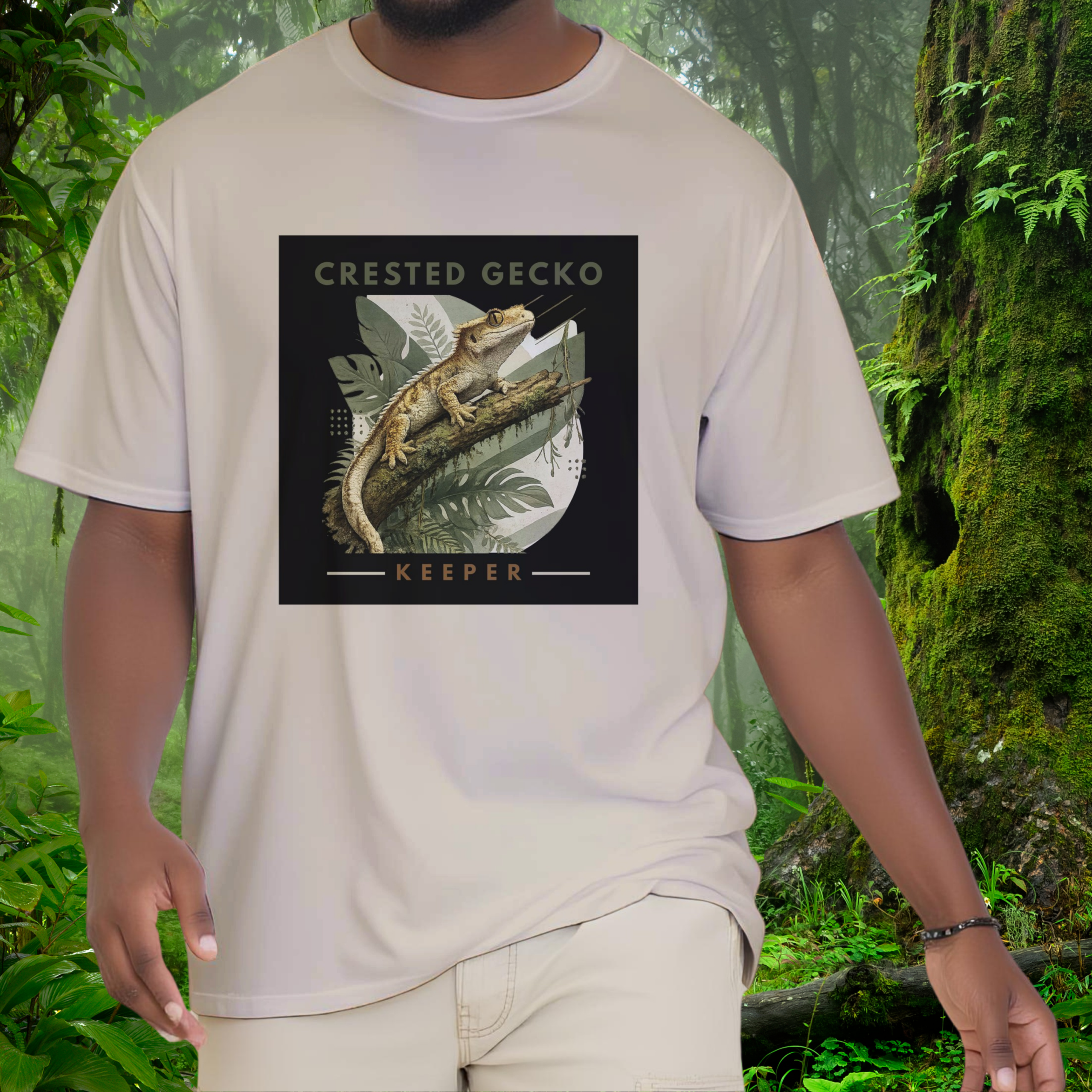 Man wearing a sand Crested Gecko shirt from the Keeper Collection