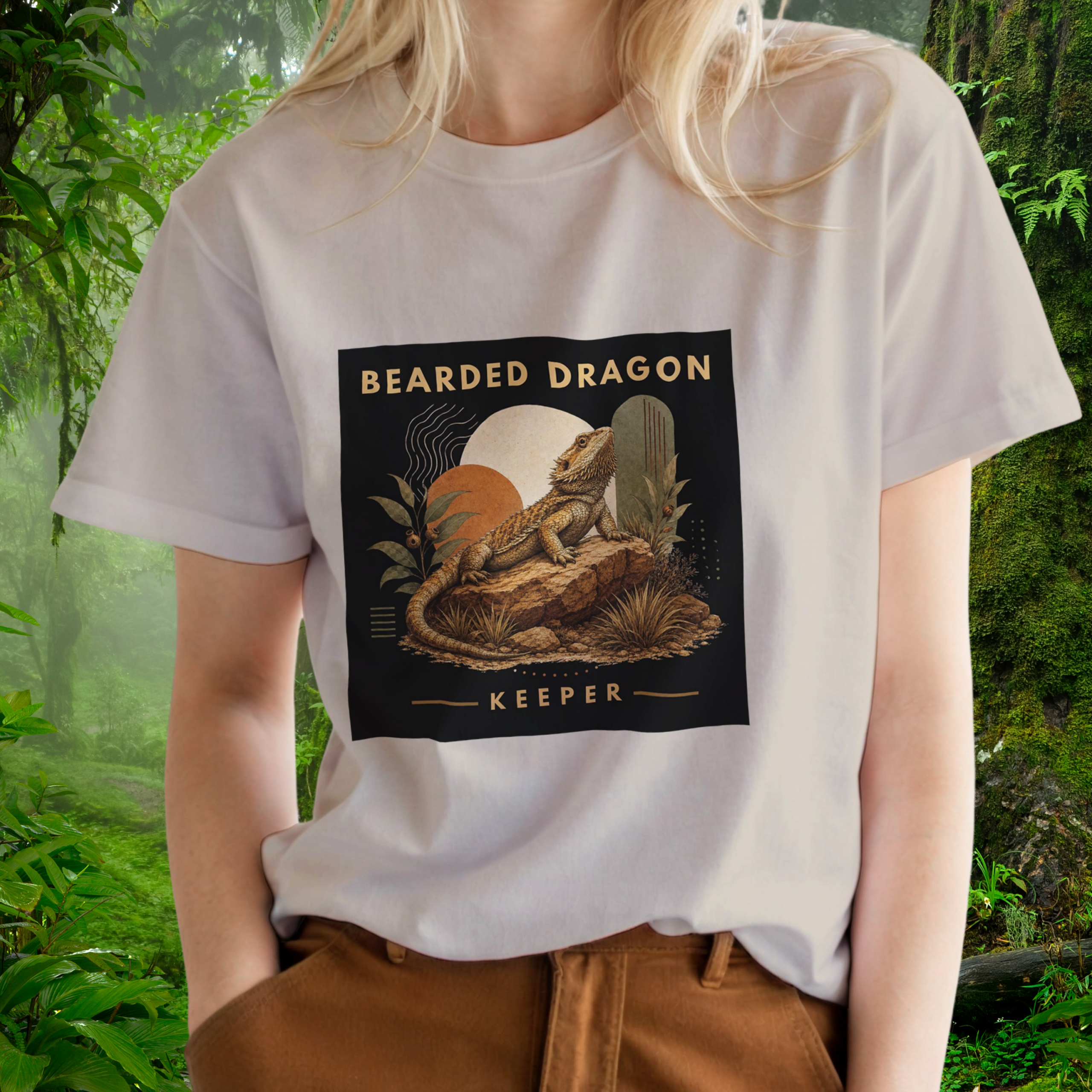 Woman wearing a black Bearded Dragon shirt from the Keeper Collection