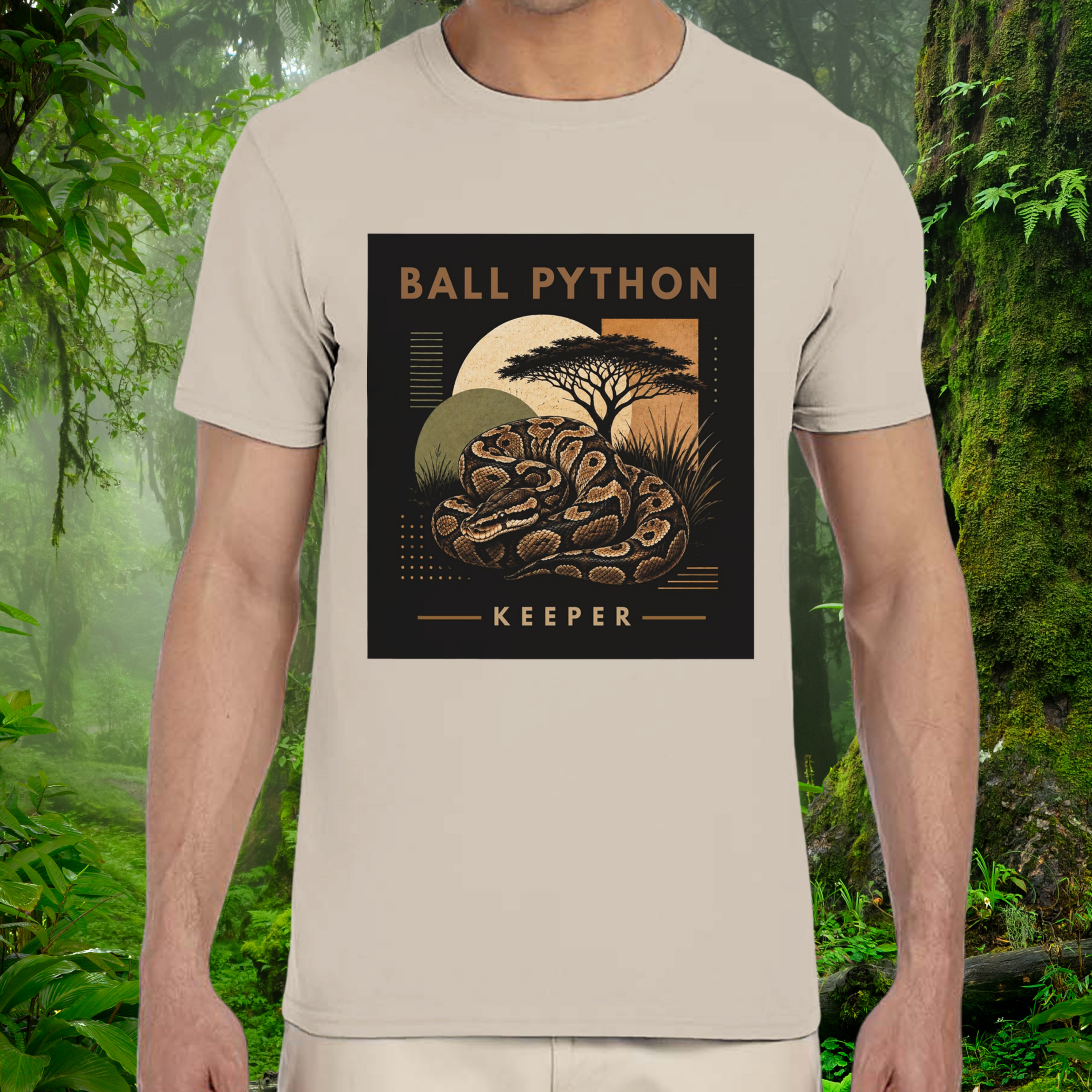 Man wearing a sand Ball Python shirt from the Keeper Collection