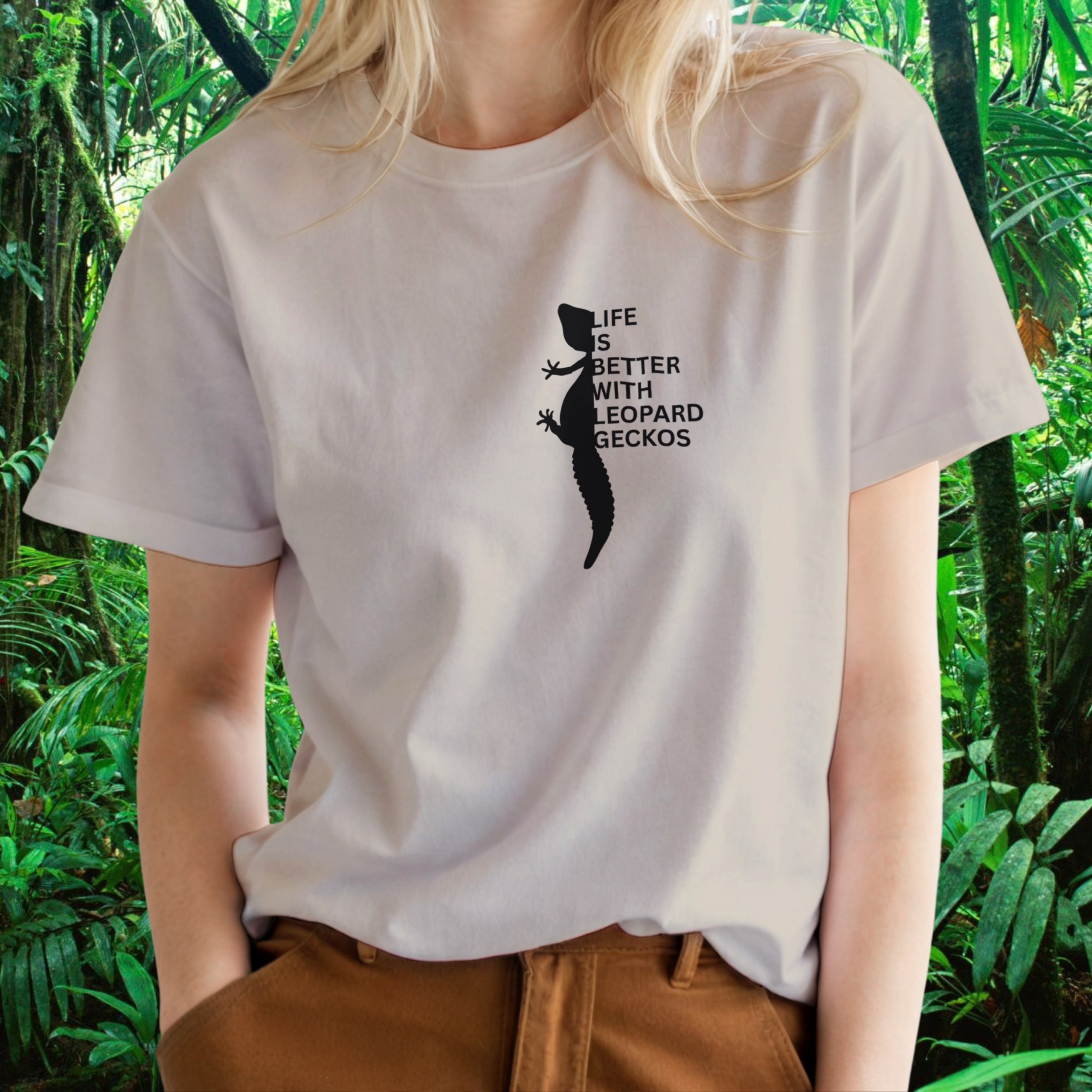 Woman wearing a sand Leopard Gecko shirt from the Life is better Collection