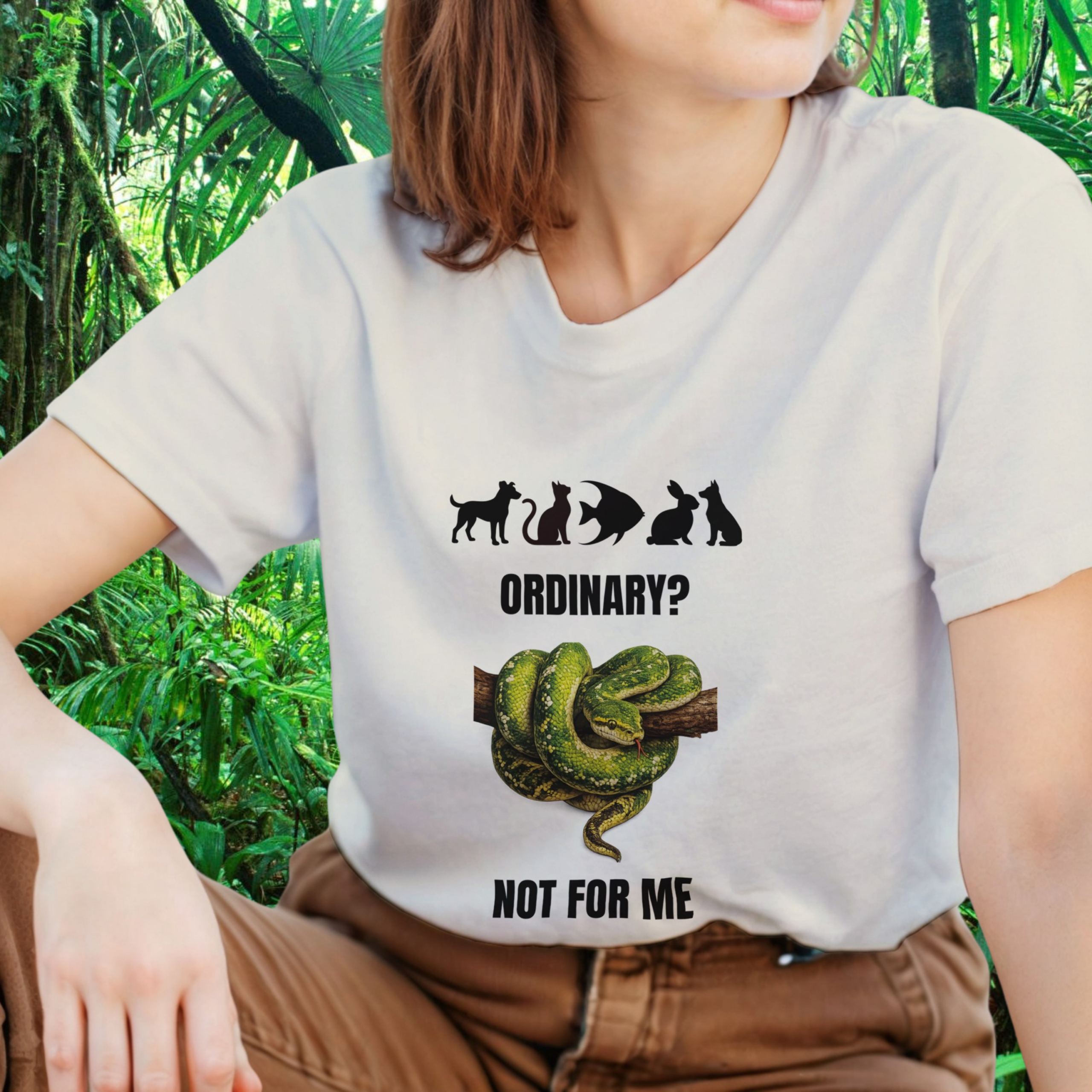 Woman wearing a natural snake shirt from the Be different Collection