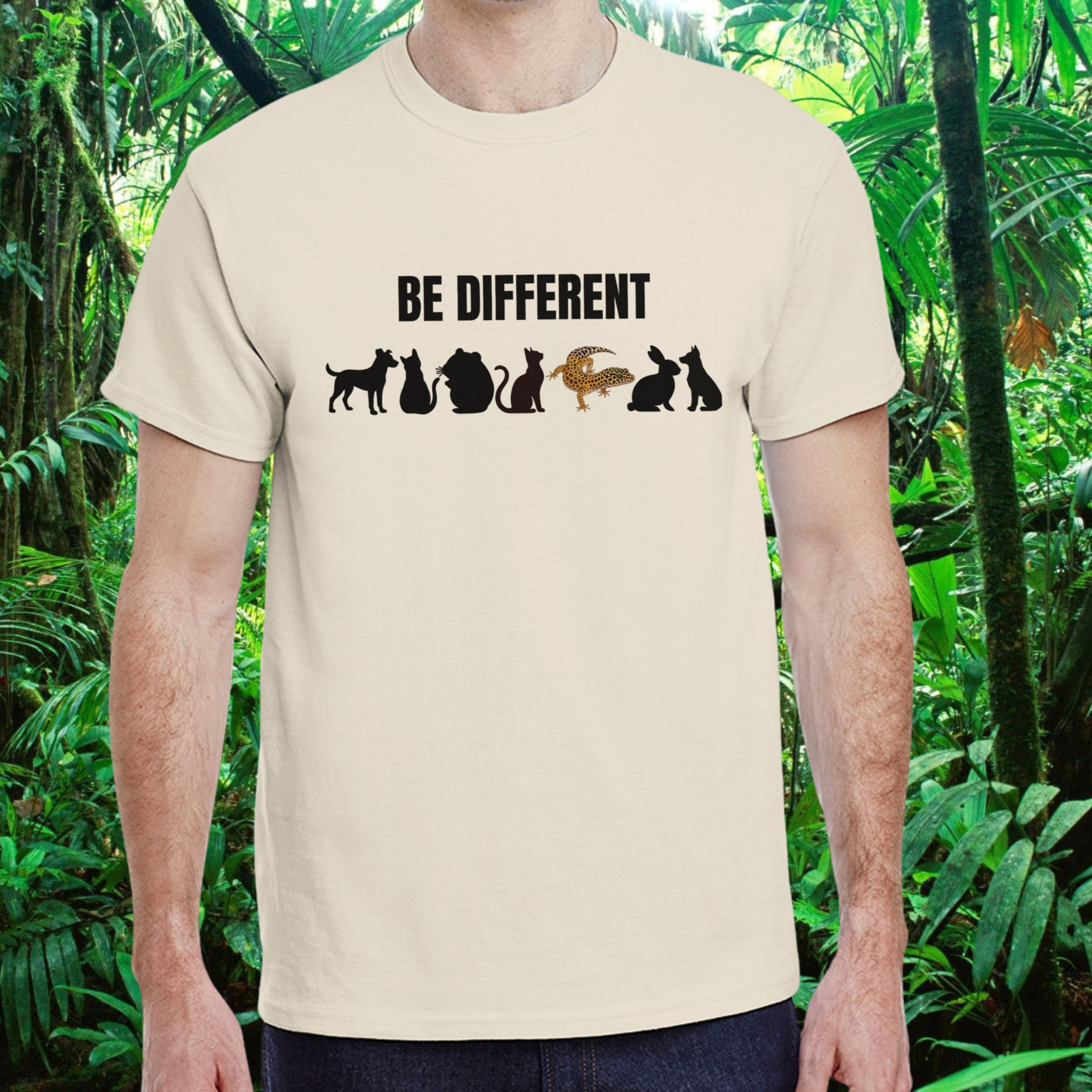 Man wearing a natural Be Different shirt with reptile design