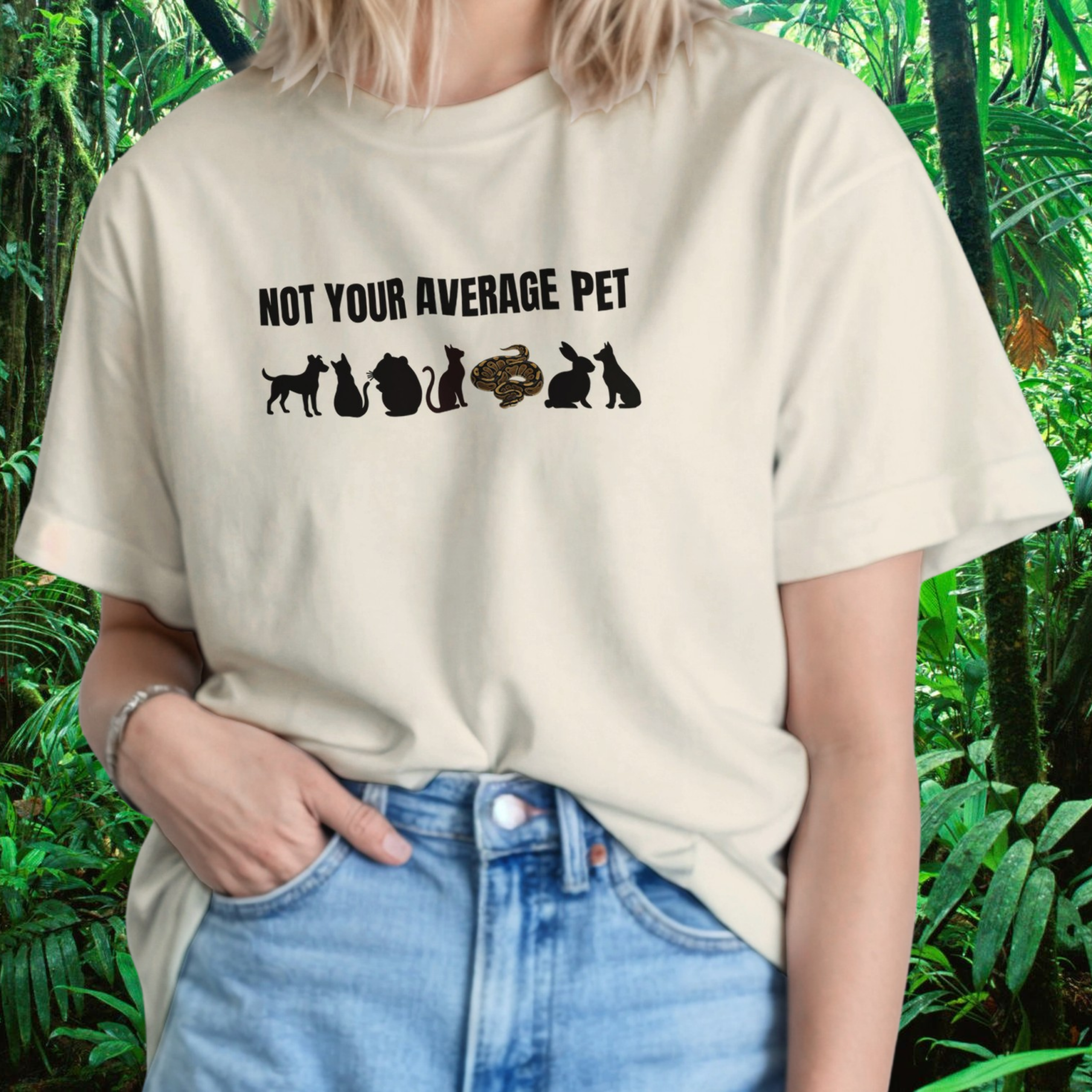 Woman wearing a natural Not Your Average Pet Ball Python shirt