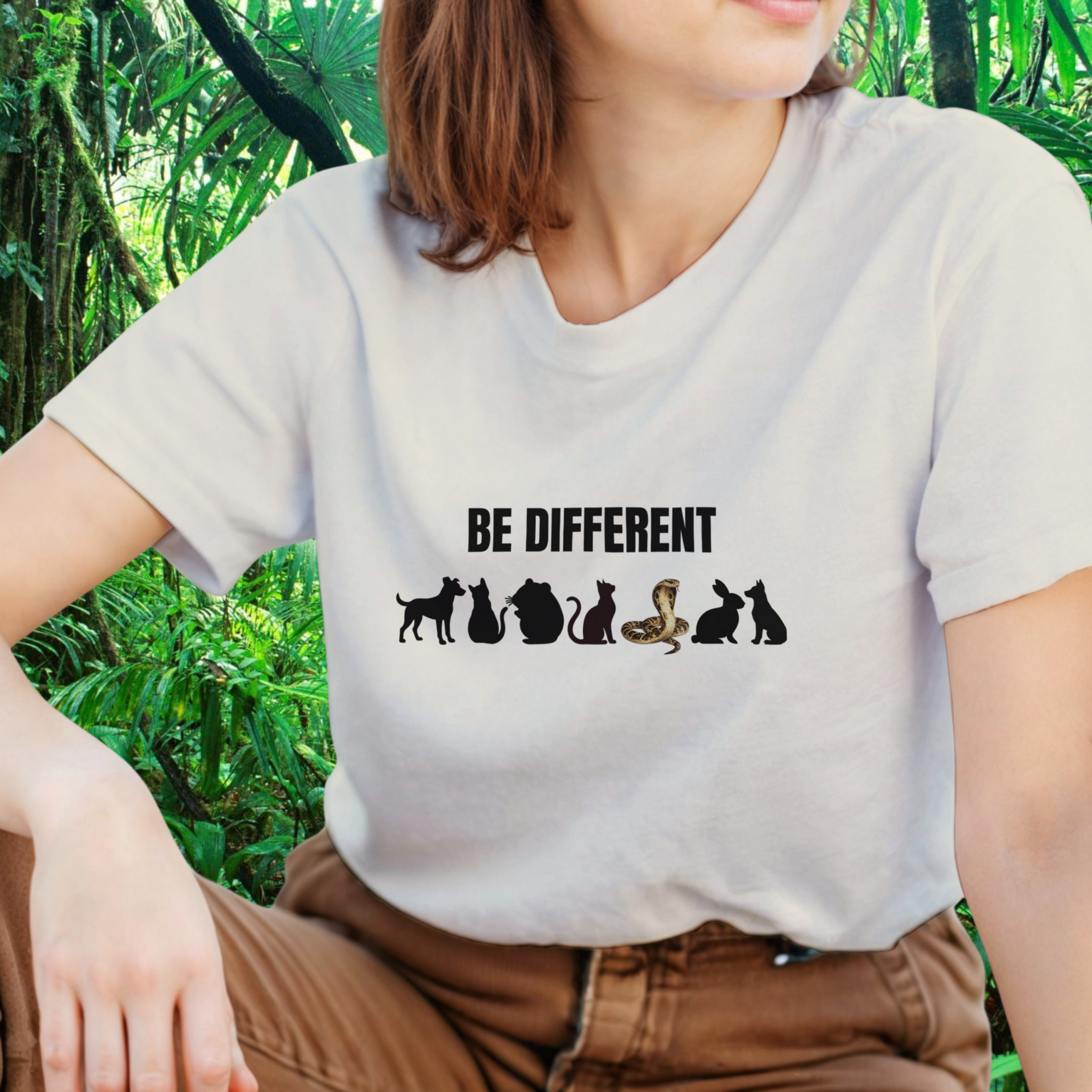 Woman wearing a natural Be Different Snake shirt