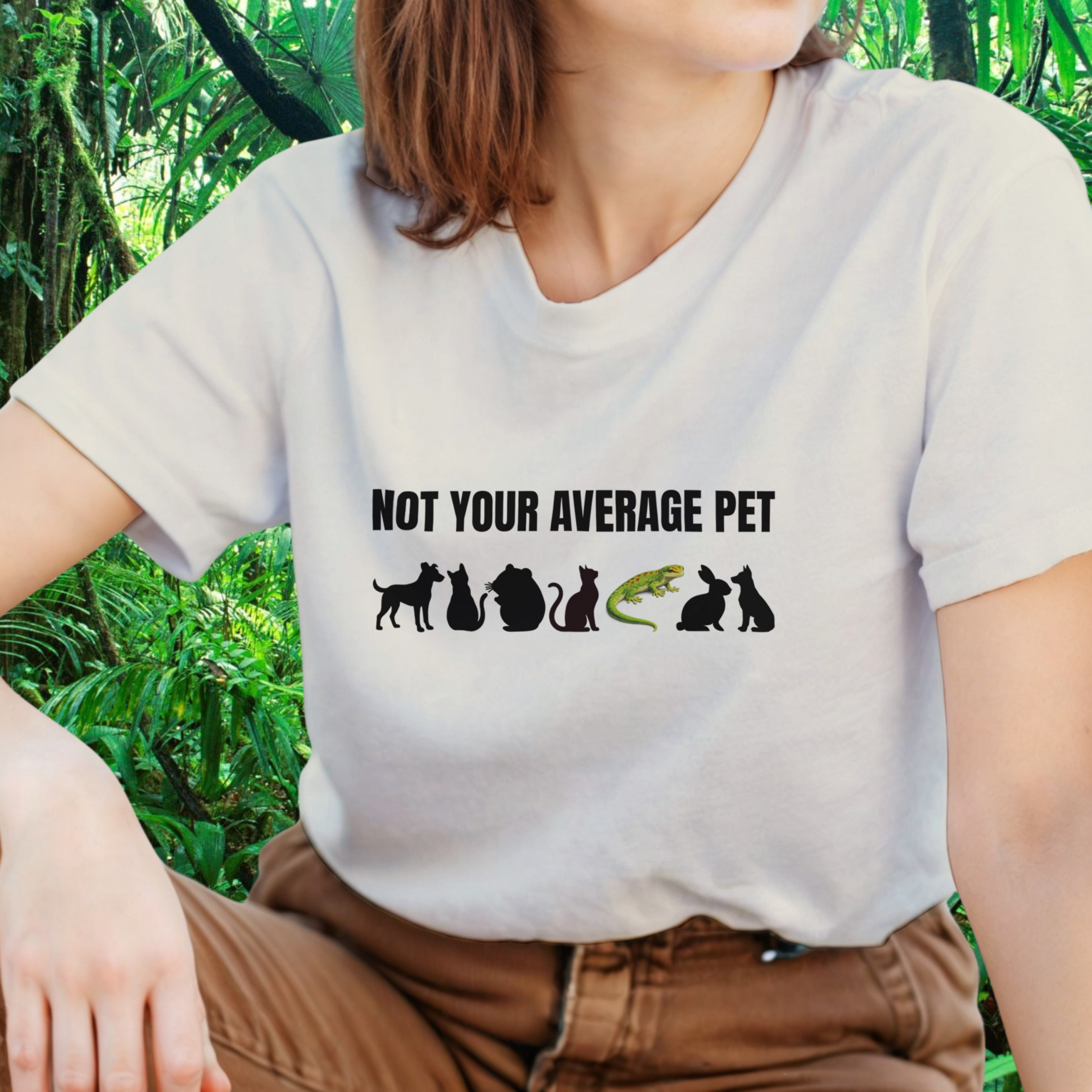 Woman wearing a natural Not Your Average Pet Gecko shirt