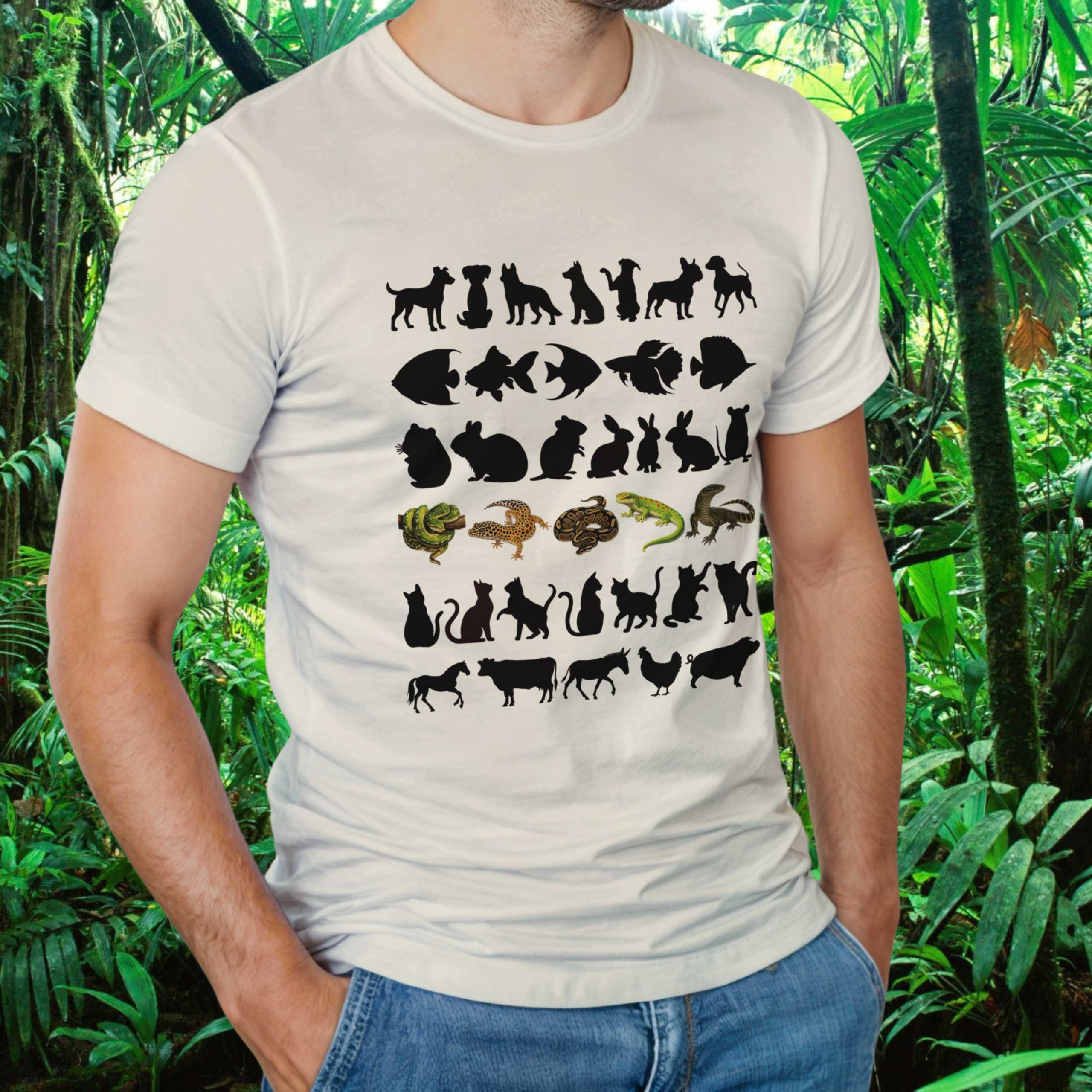 Man wearing a natural Not Your Average Pet shirt with animal silhouettes