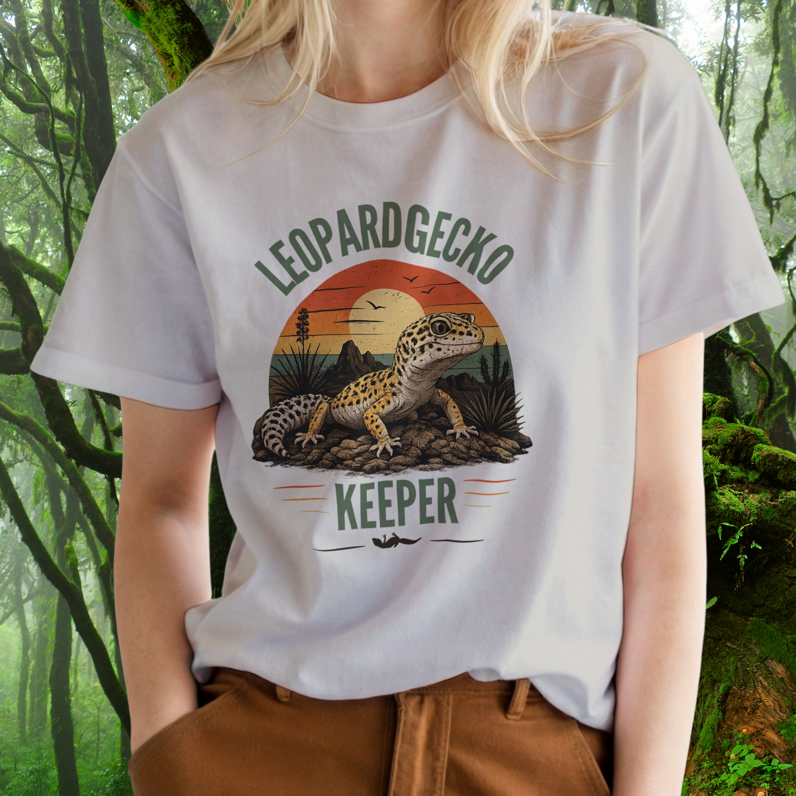 Woman wearing an ice grey Leopard Gecko Keeper shirt