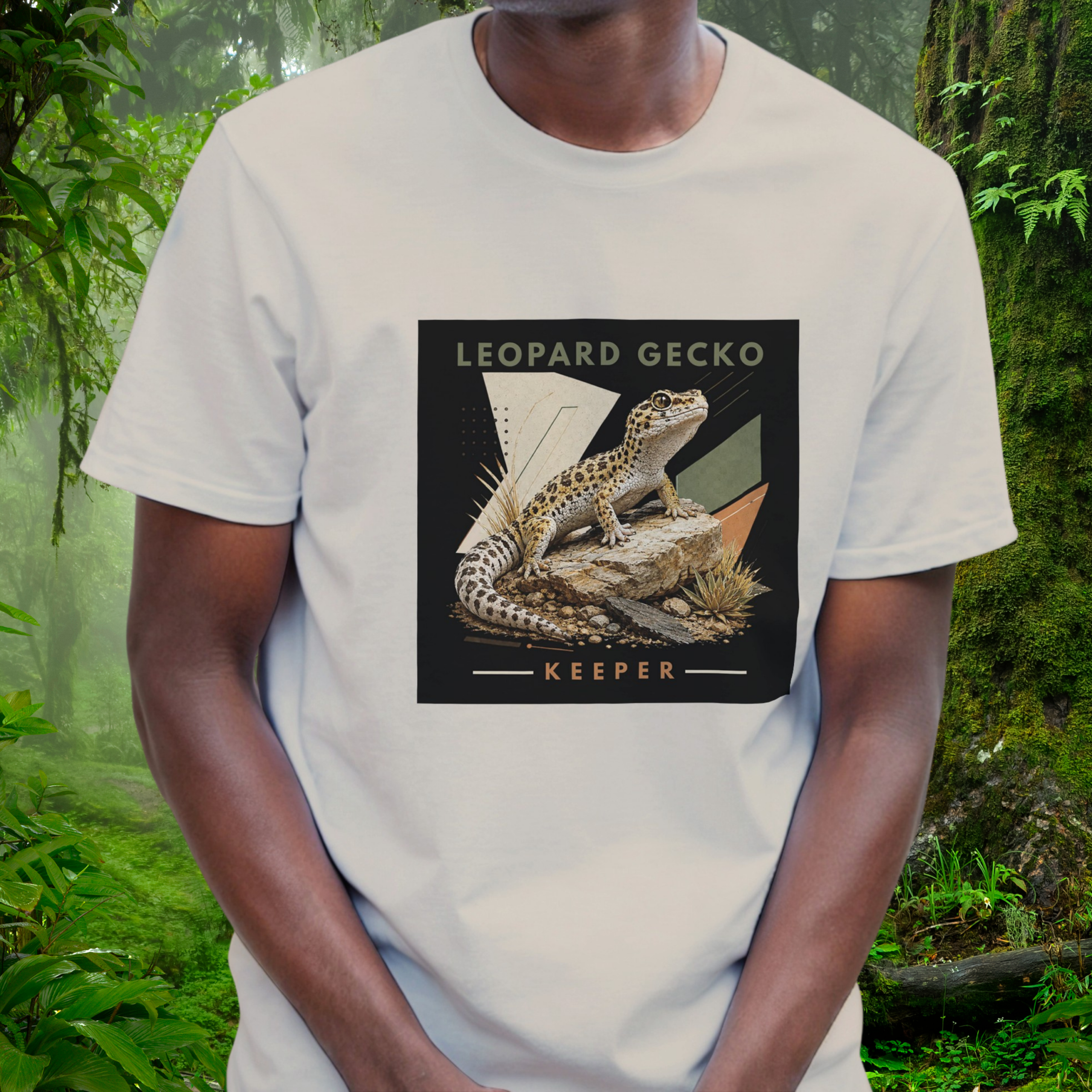 Man wearing a sand Leopard Gecko shirt from the Keeper Collection