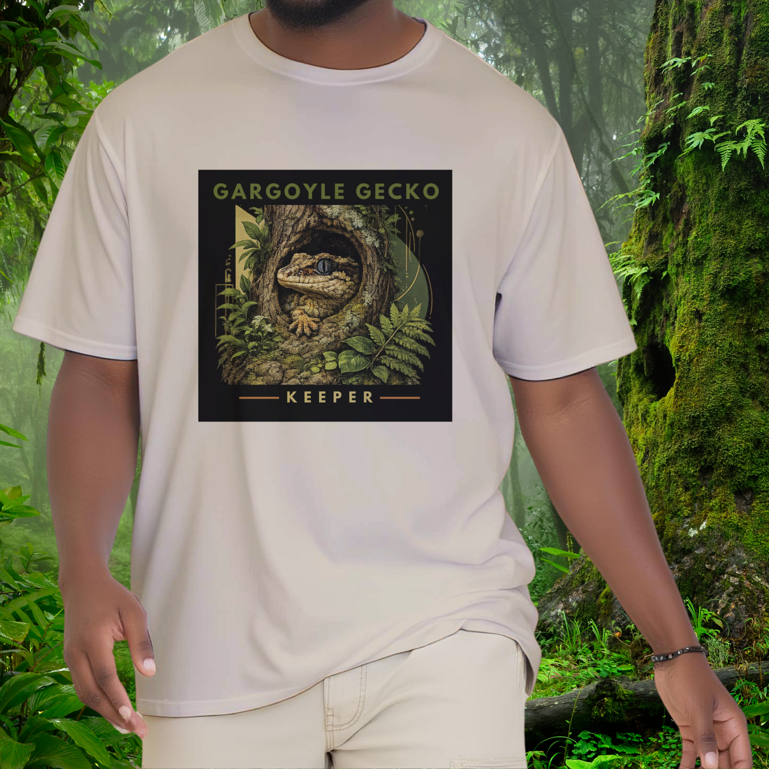 Man wearing a sand Gargoyle Gecko shirt from the Keeper Collection