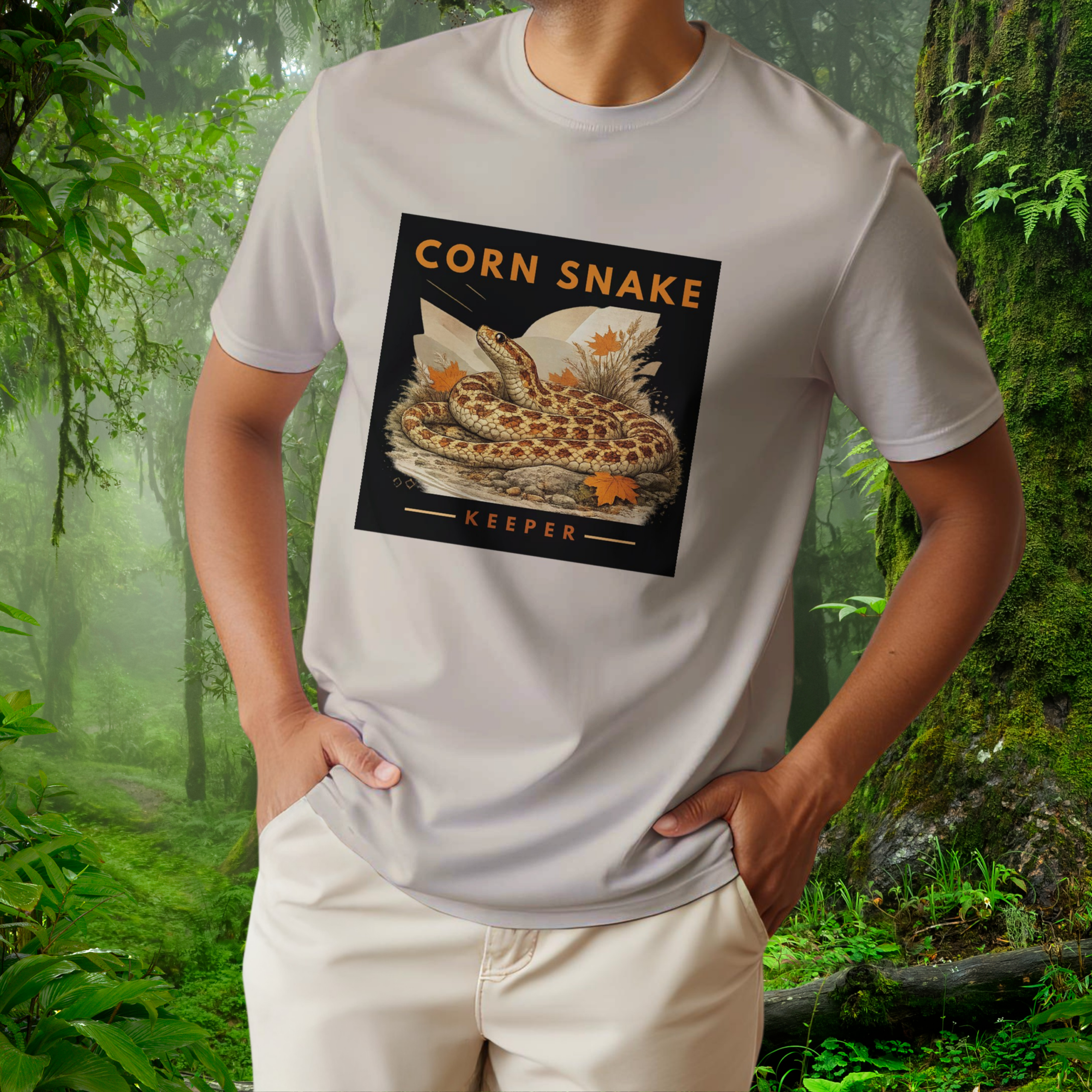 Man wearing a sand Corn Snake shirt from the Keeper Collection