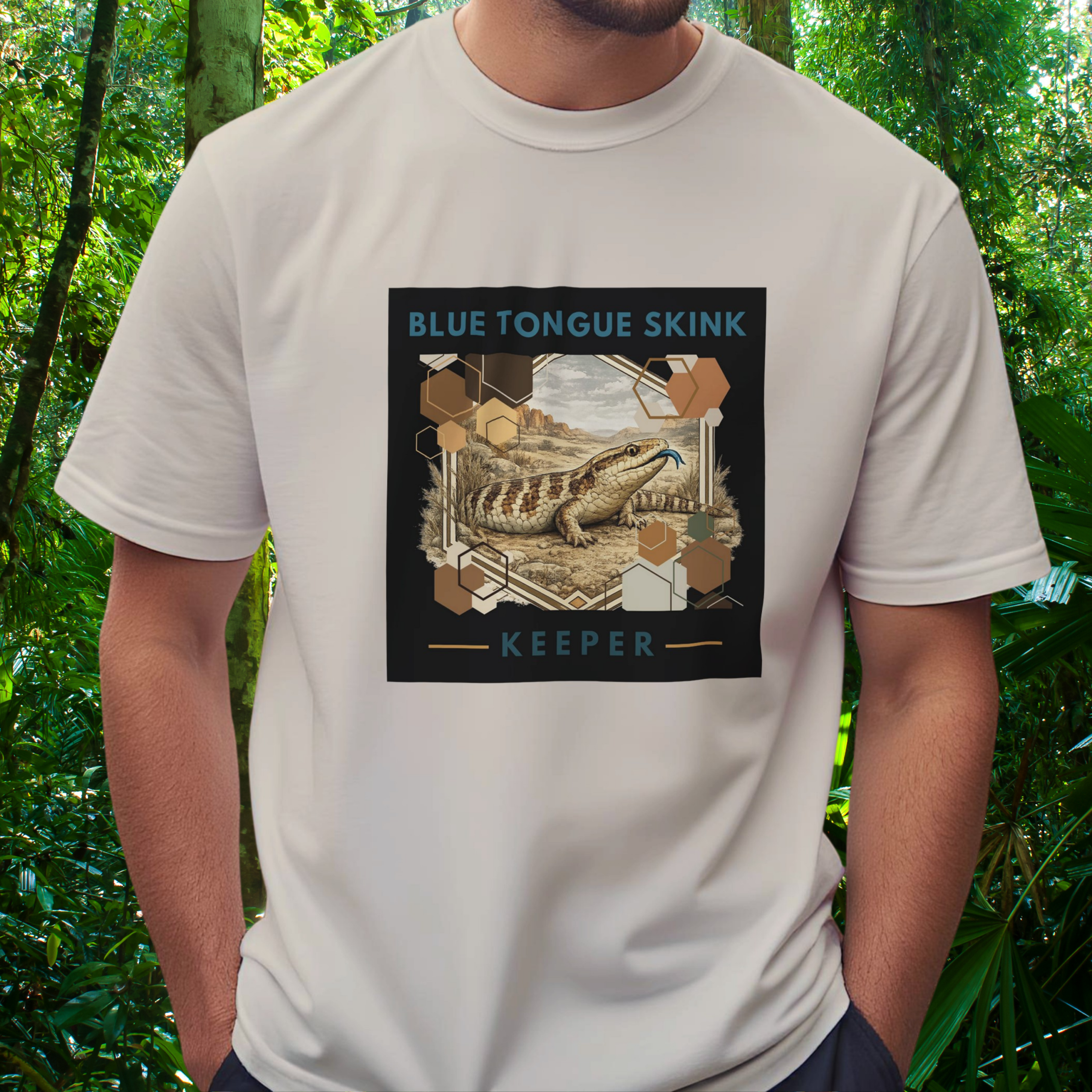 Man wearing a sand Blue Tongue Skink shirt from the Keeper Collection