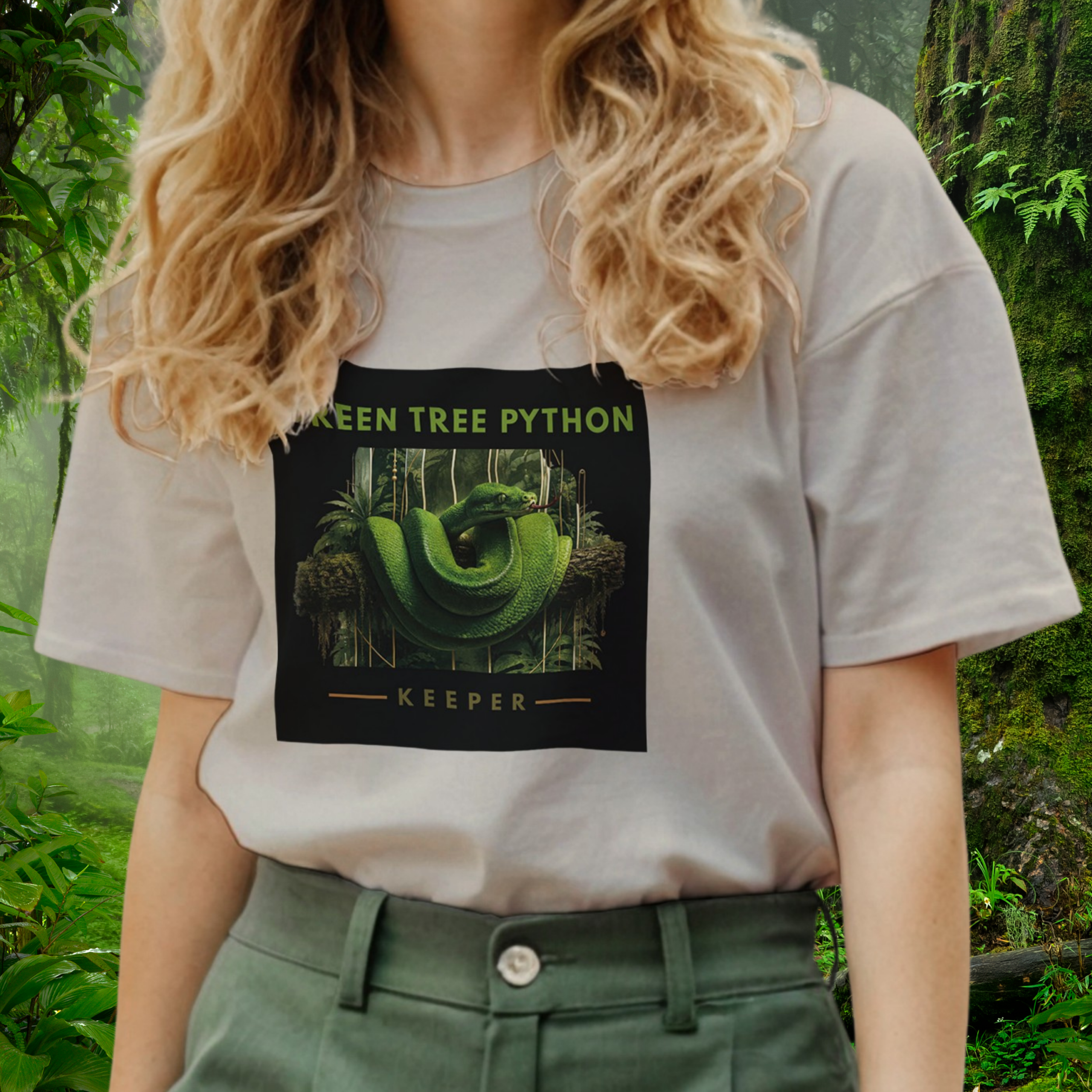 Woman wearing a sand Green Tree Python shirt from the Keeper Collection