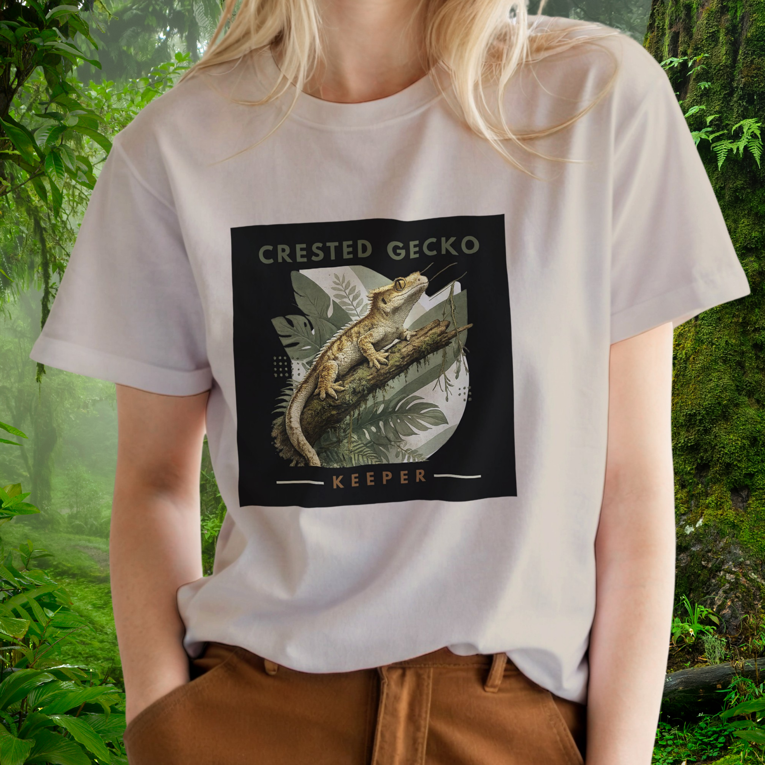 Woman wearing a sand Crested Gecko shirt from the Keeper Collection