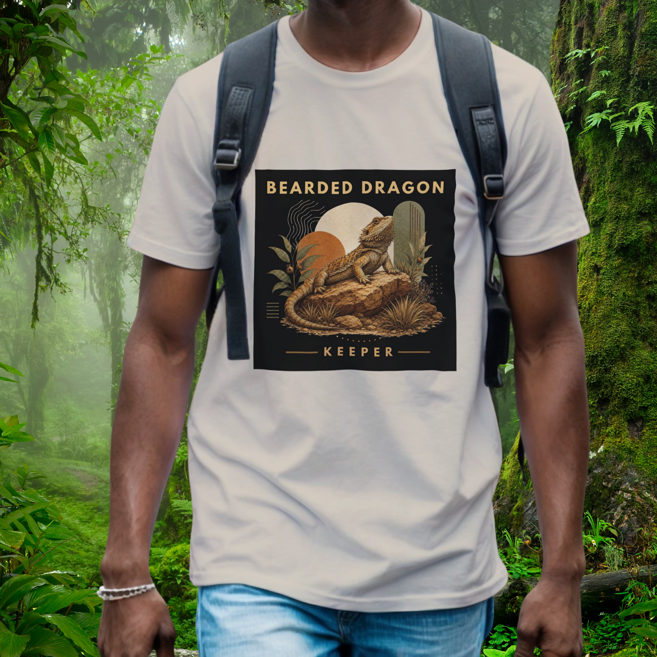 Man wearing a sand Bearded Dragon shirt from the Keeper Collection