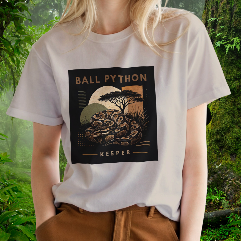 Woman wearing a sand Ball Python shirt from the Keeper Collection