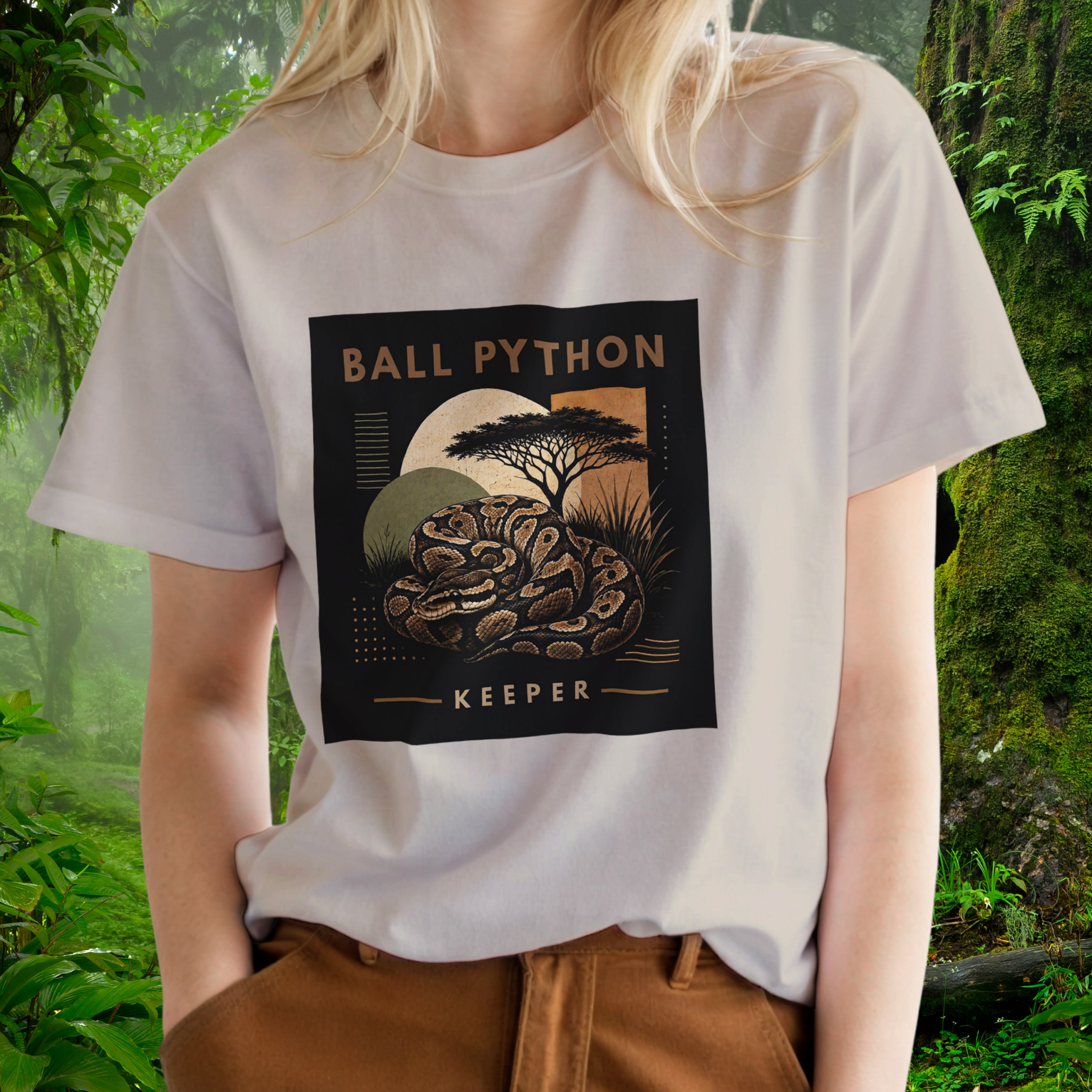Woman wearing a sand Ball Python shirt from the Keeper Collection