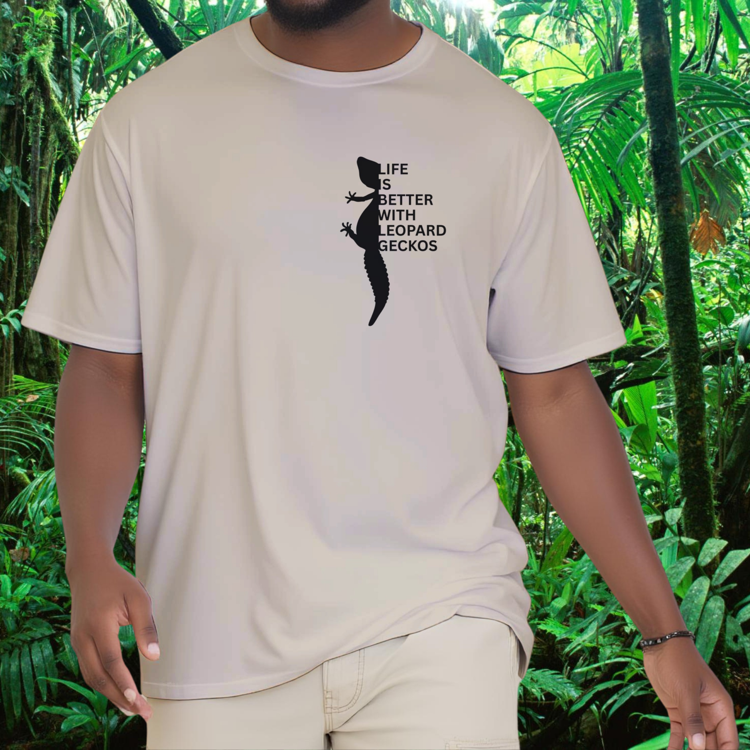 Man wearing a sand Leopard Gecko shirt from the Life is better Collection