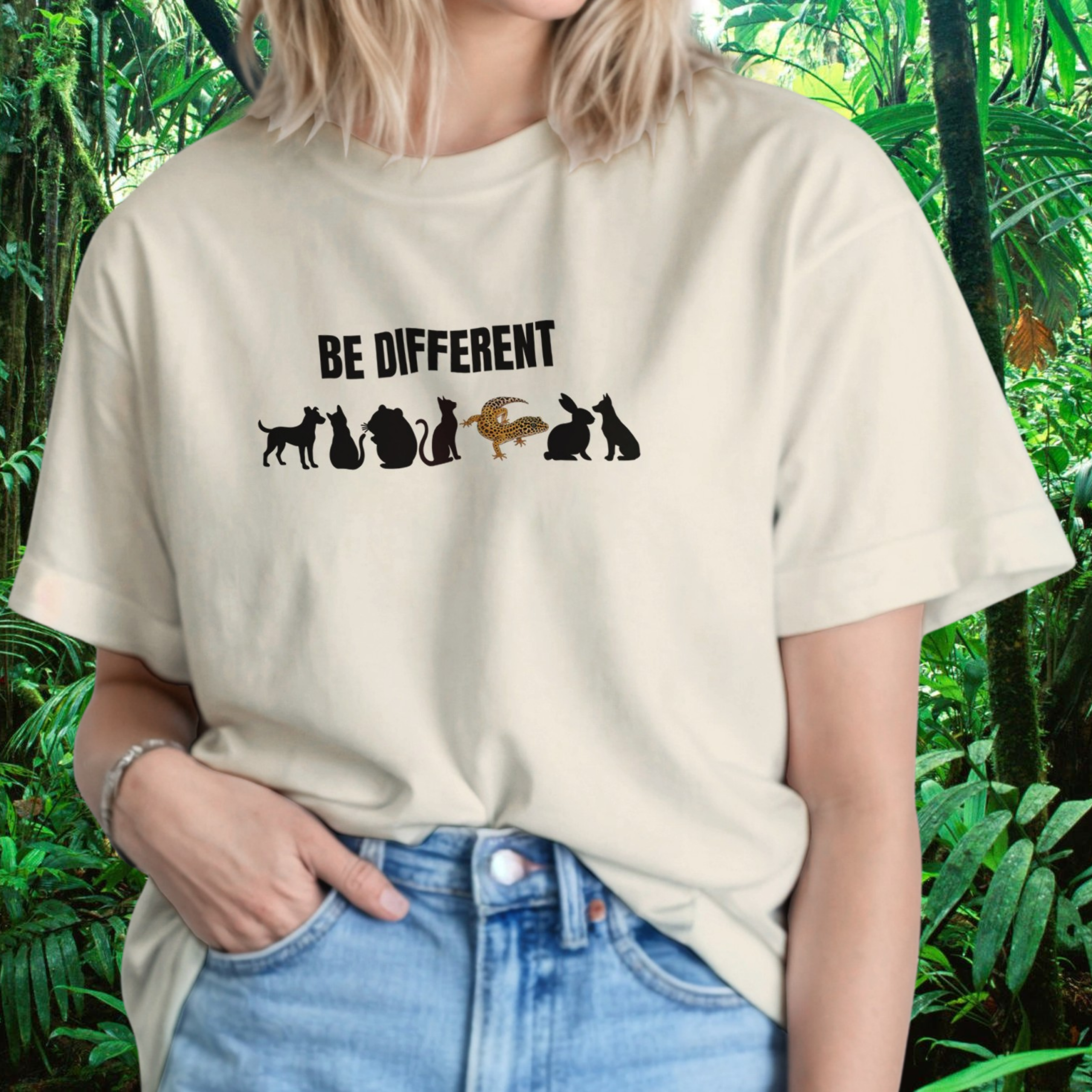 Woman wearing a natural Be Different shirt with reptile design