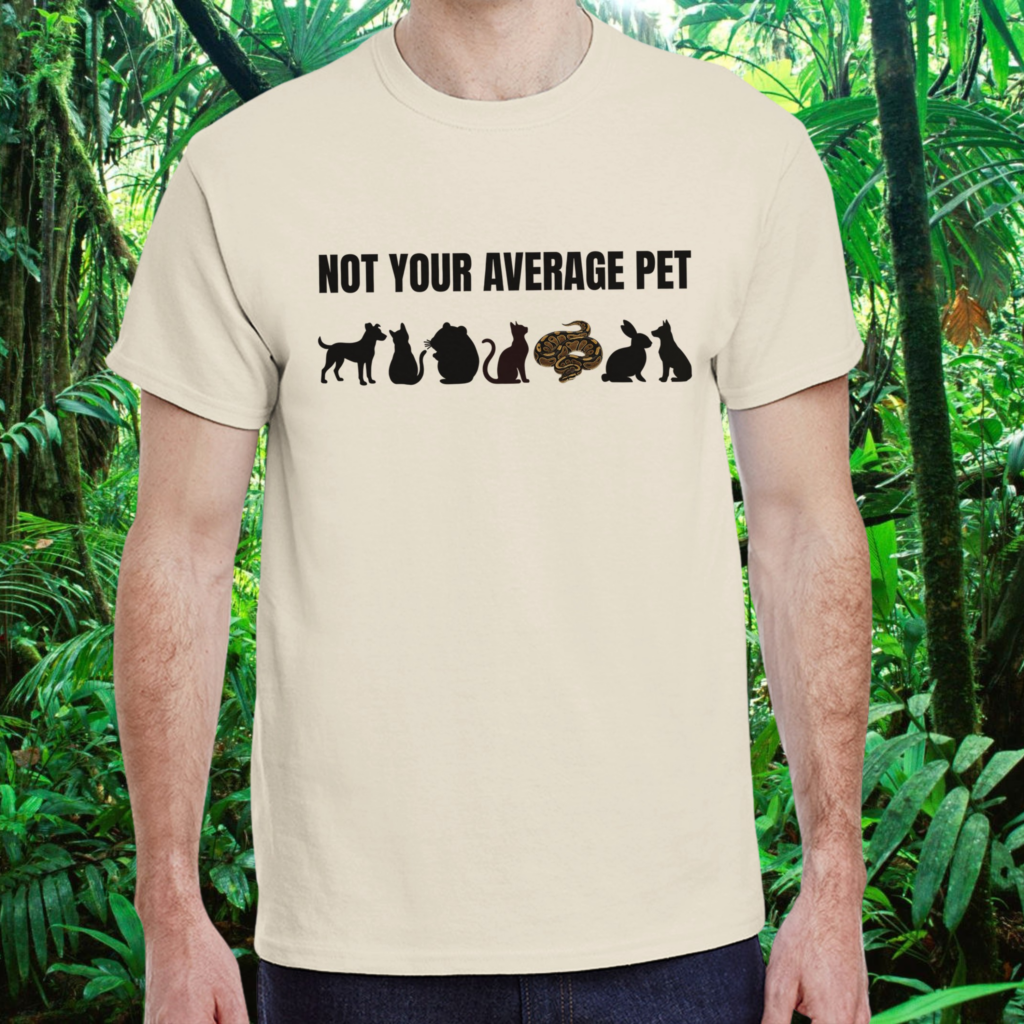 Man wearing a natural Not Your Average Pet Ball Python shirt