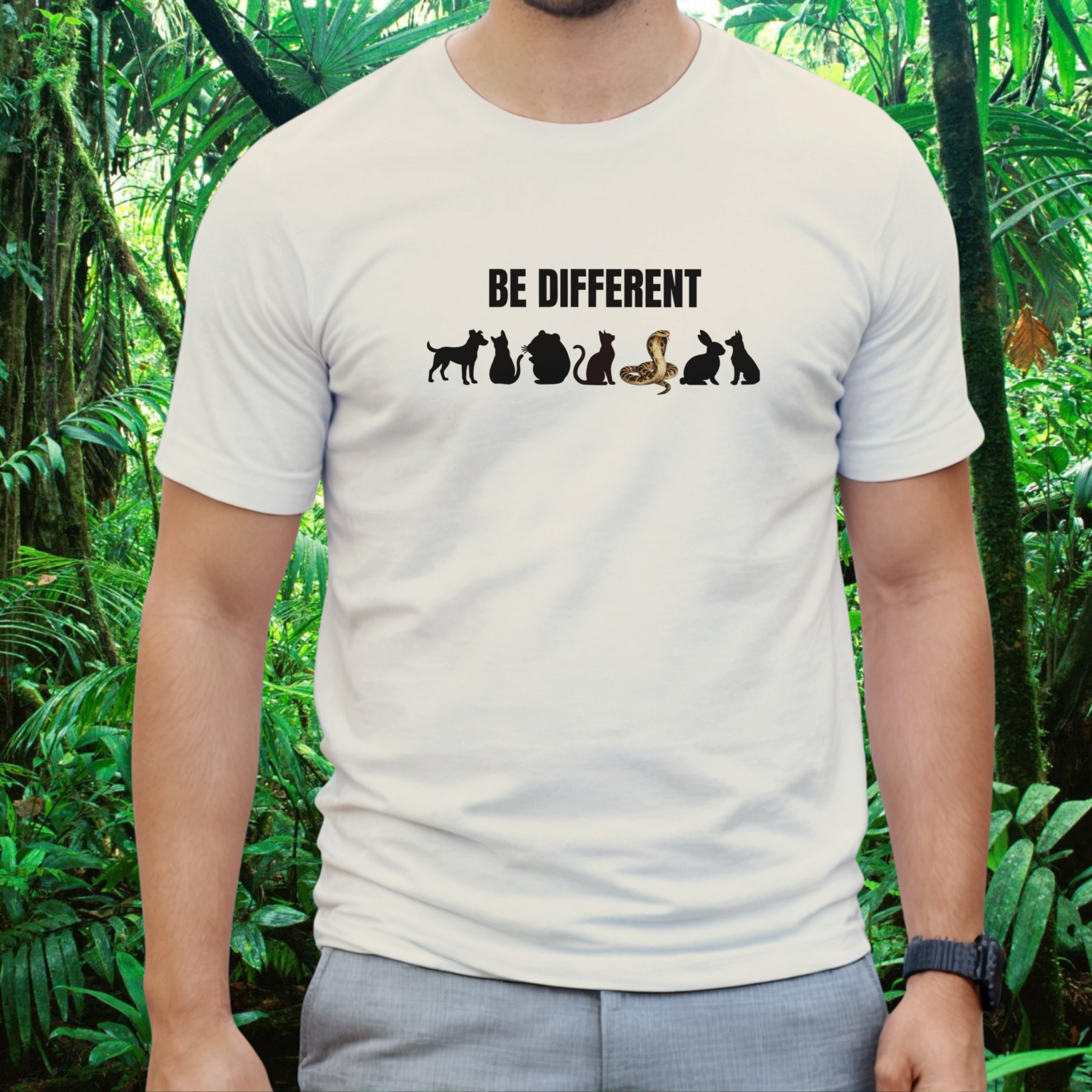 Man wearing a natural Be Different Snake shirt