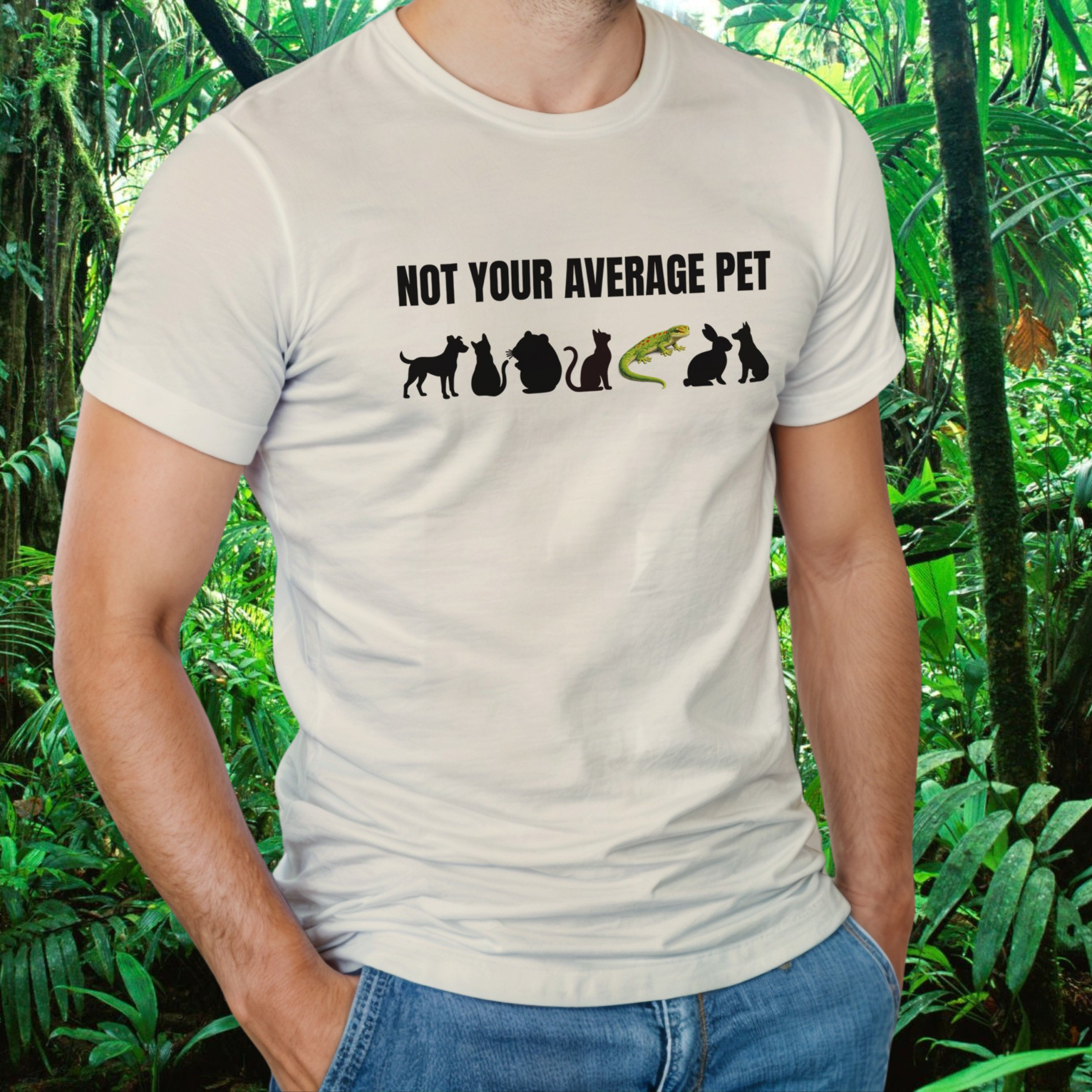 Man wearing a natural Not Your Average Pet Gecko shirt