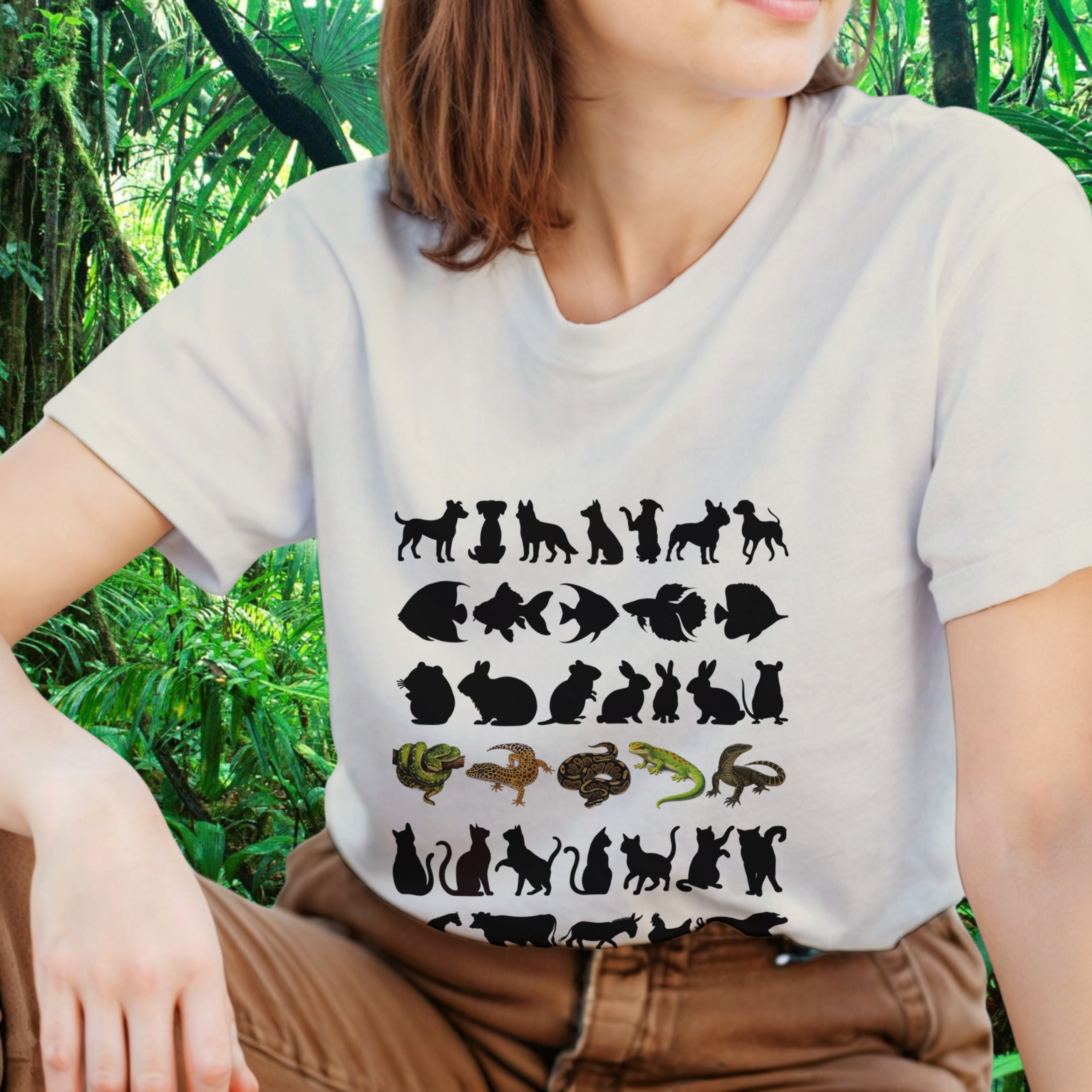 Woman wearing a natural Not Your Average Pet shirt with animal design