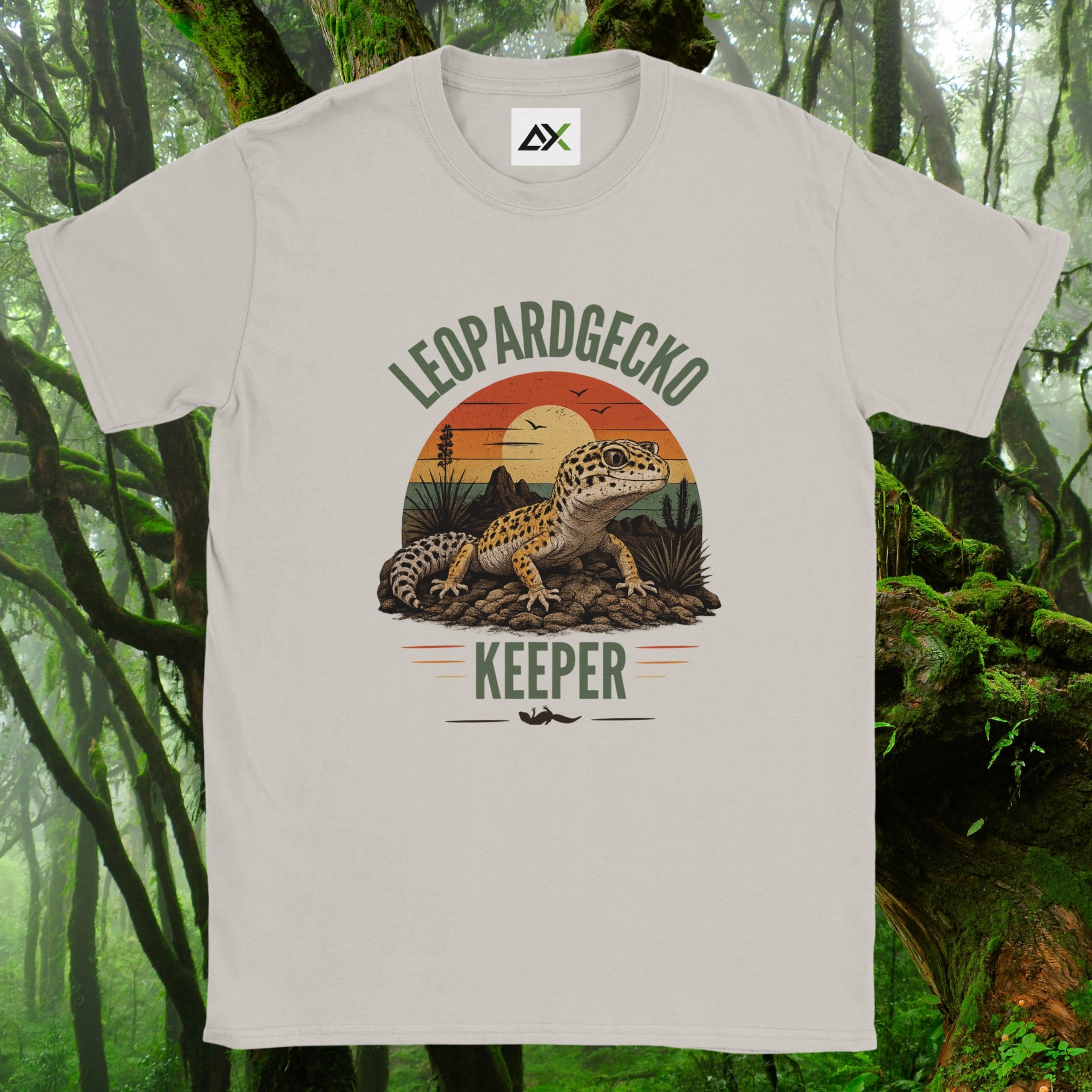 Ice grey Leopard Gecko Keeper shirt with retro sunset design