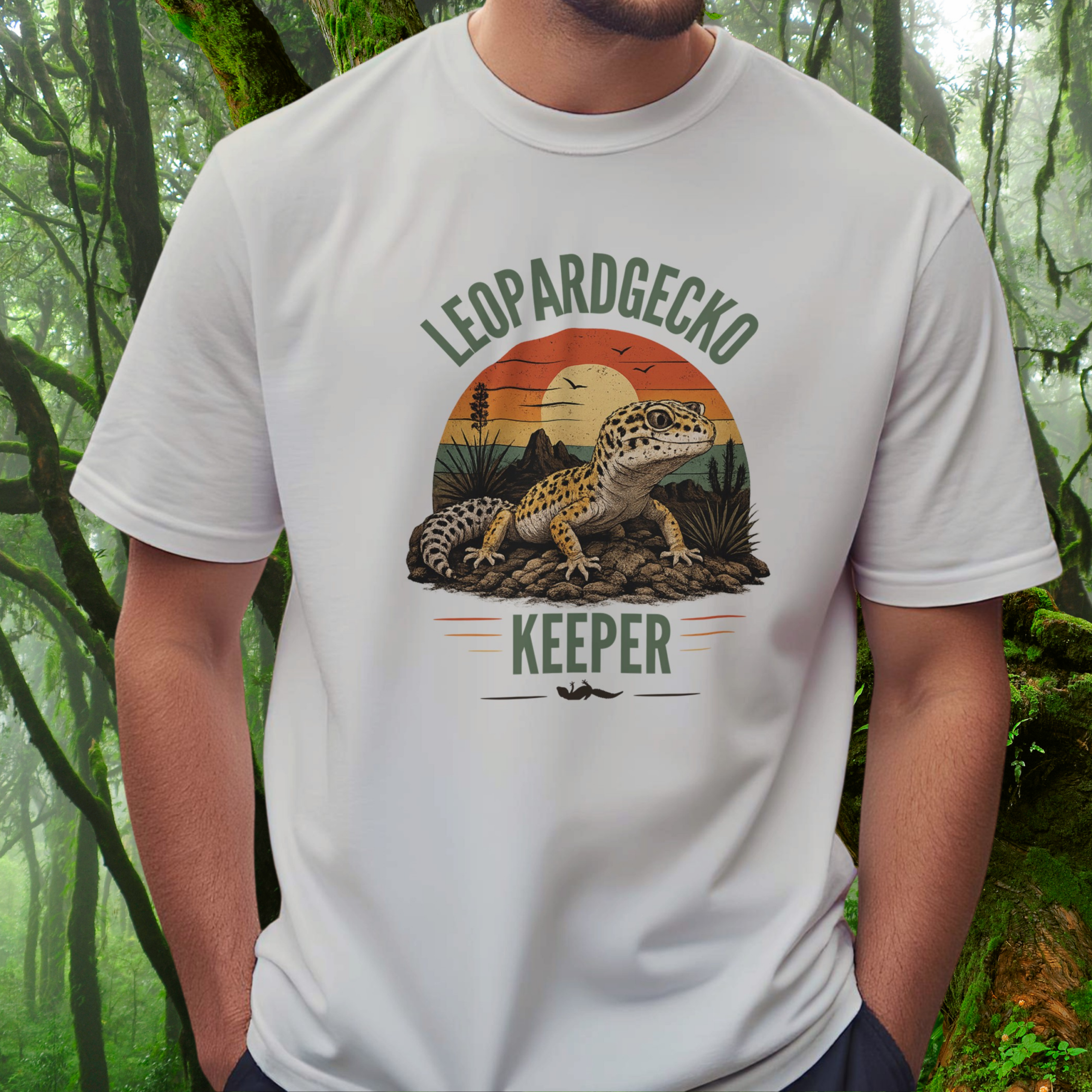 Man wearing an ice grey Leopard Gecko Keeper shirt