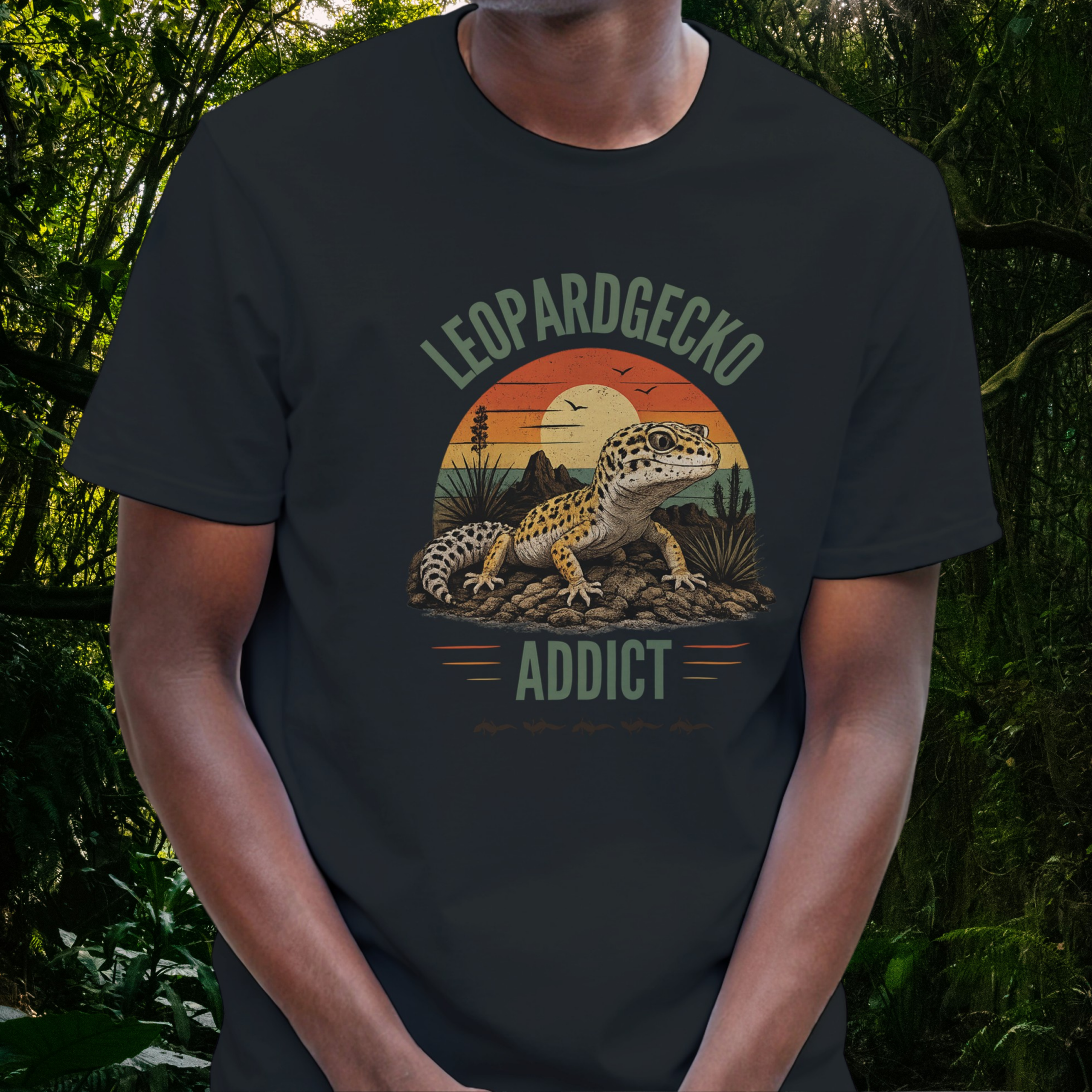 Man wearing a black Leopard Gecko Addict shirt