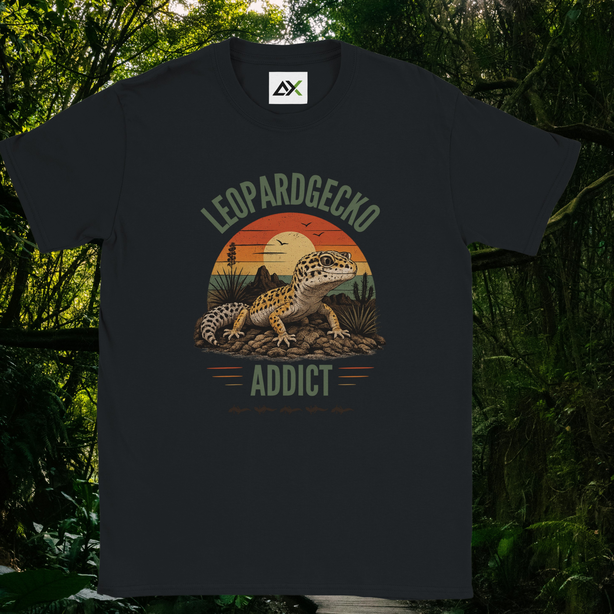 Black Leopard Gecko Addict shirt with retro sunset design