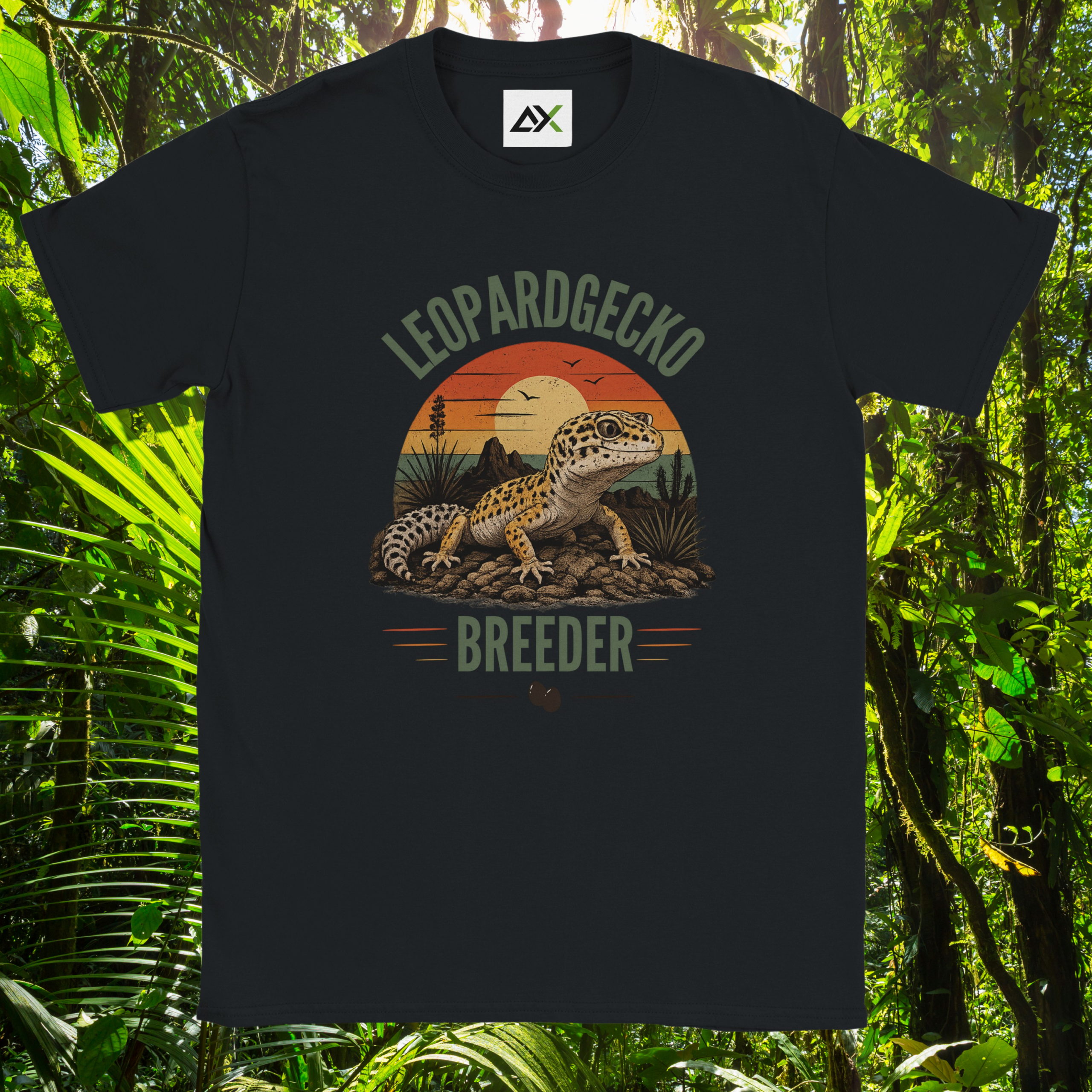 Black Leopard Gecko Breeder shirt with retro sunset design