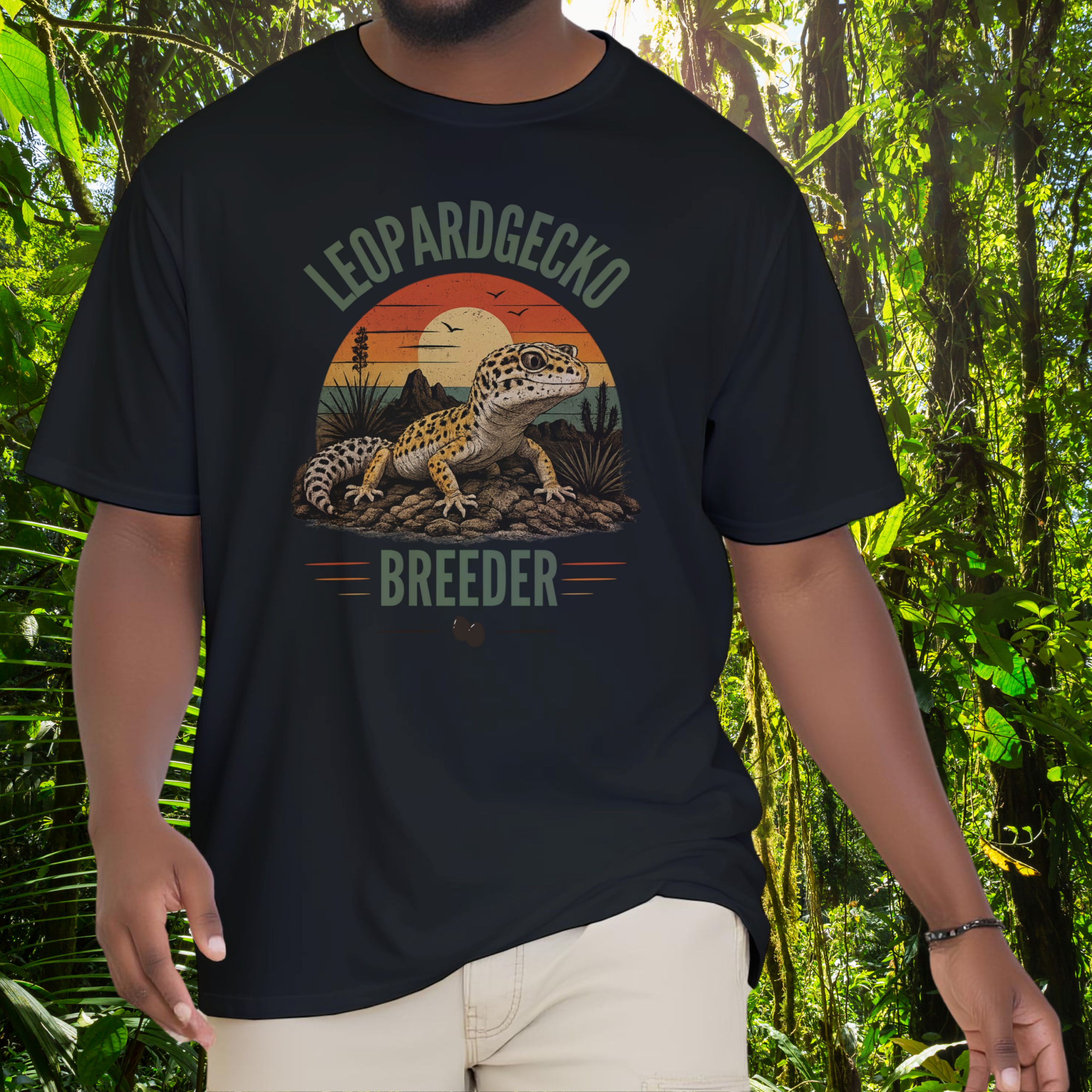 Man wearing a black Leopard Gecko Breeder shirt