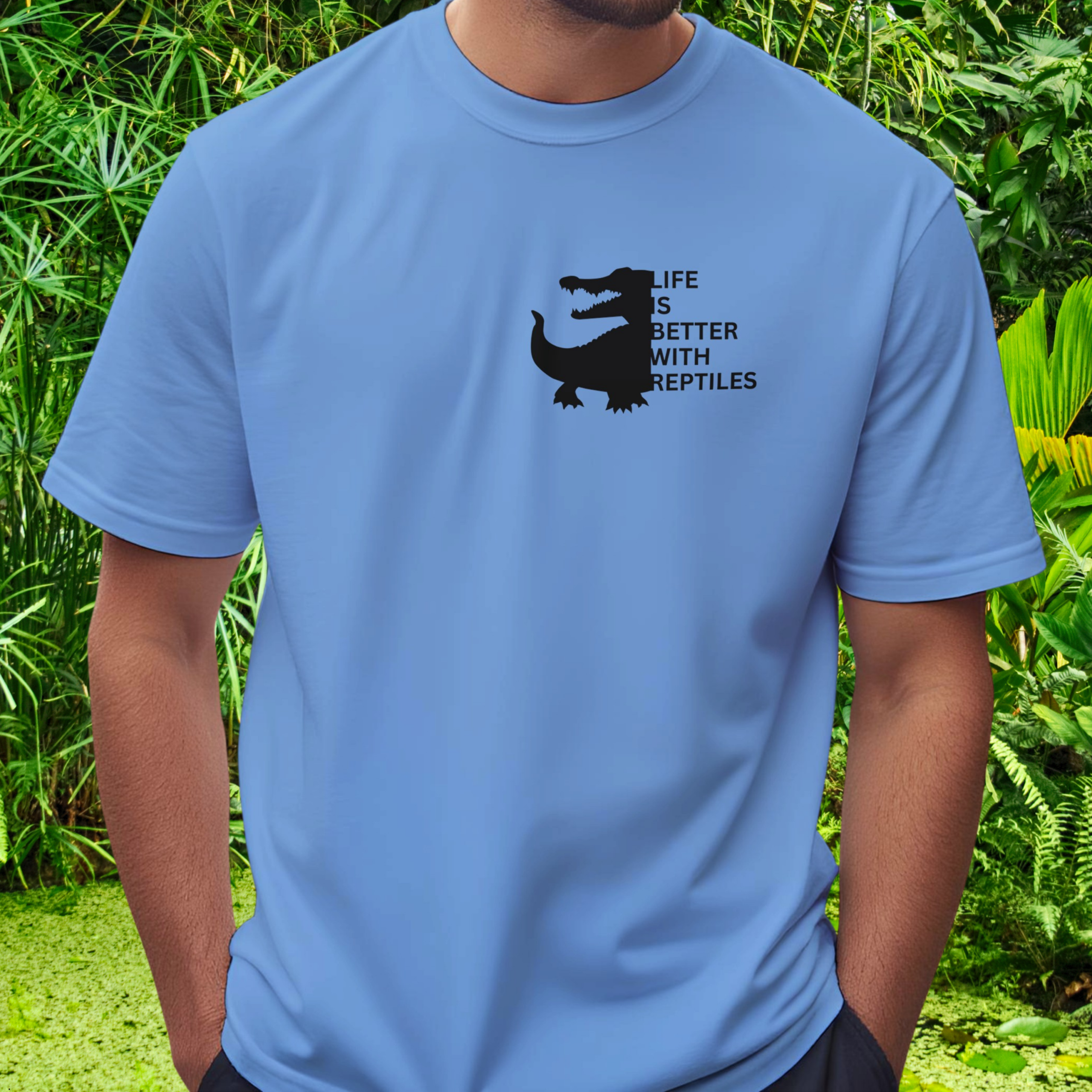 Man wearing a Carolina blue Reptile shirt from the Life is better Collection