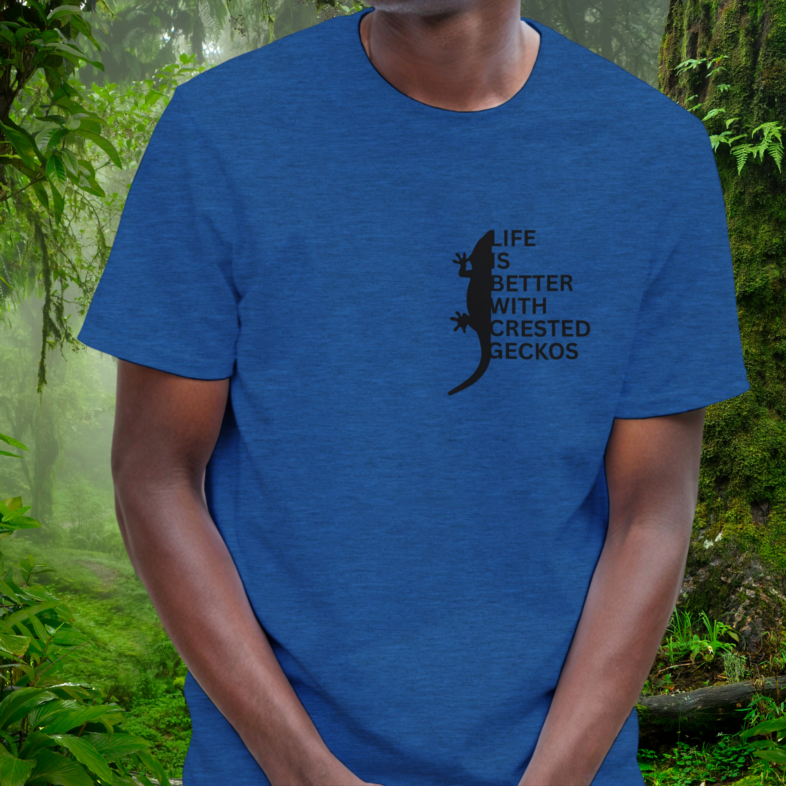 Man wearing a heather royal Crested Gecko shirt from the Life is better Collection
