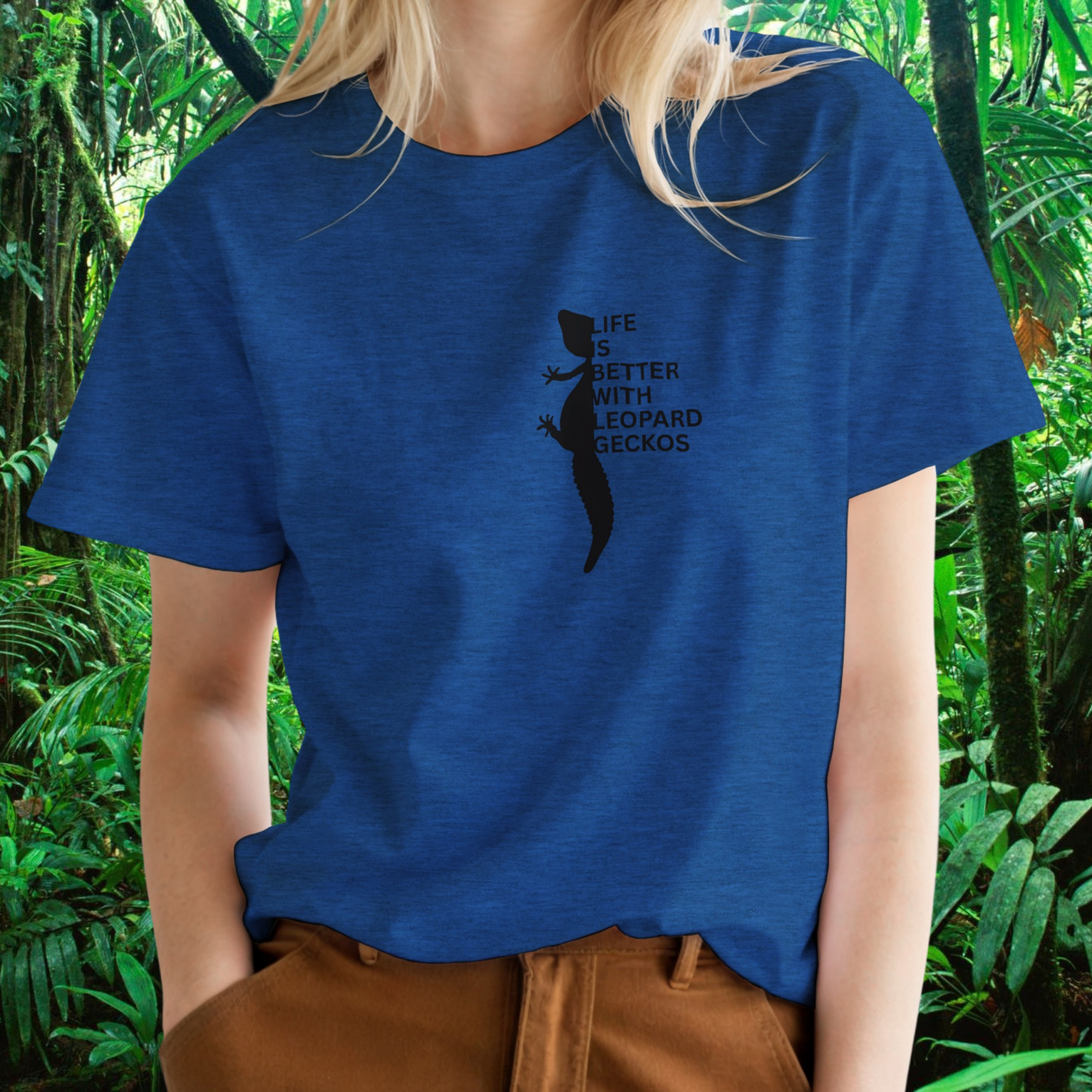 Woman wearing a heather royal Leopard Gecko shirt from the Life is better Collection