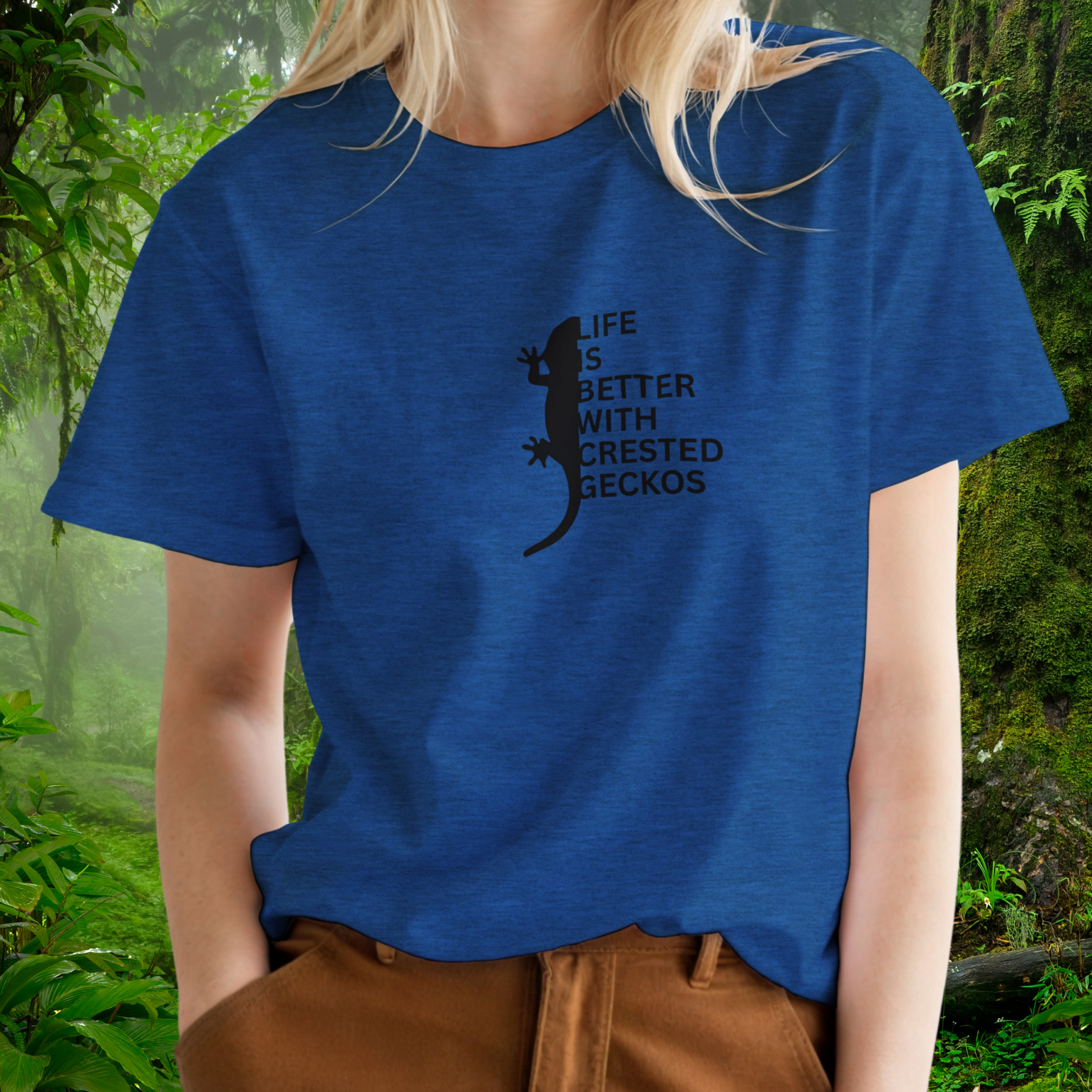 Woman wearing a heather royal Crested Gecko shirt from the Life is better Collection