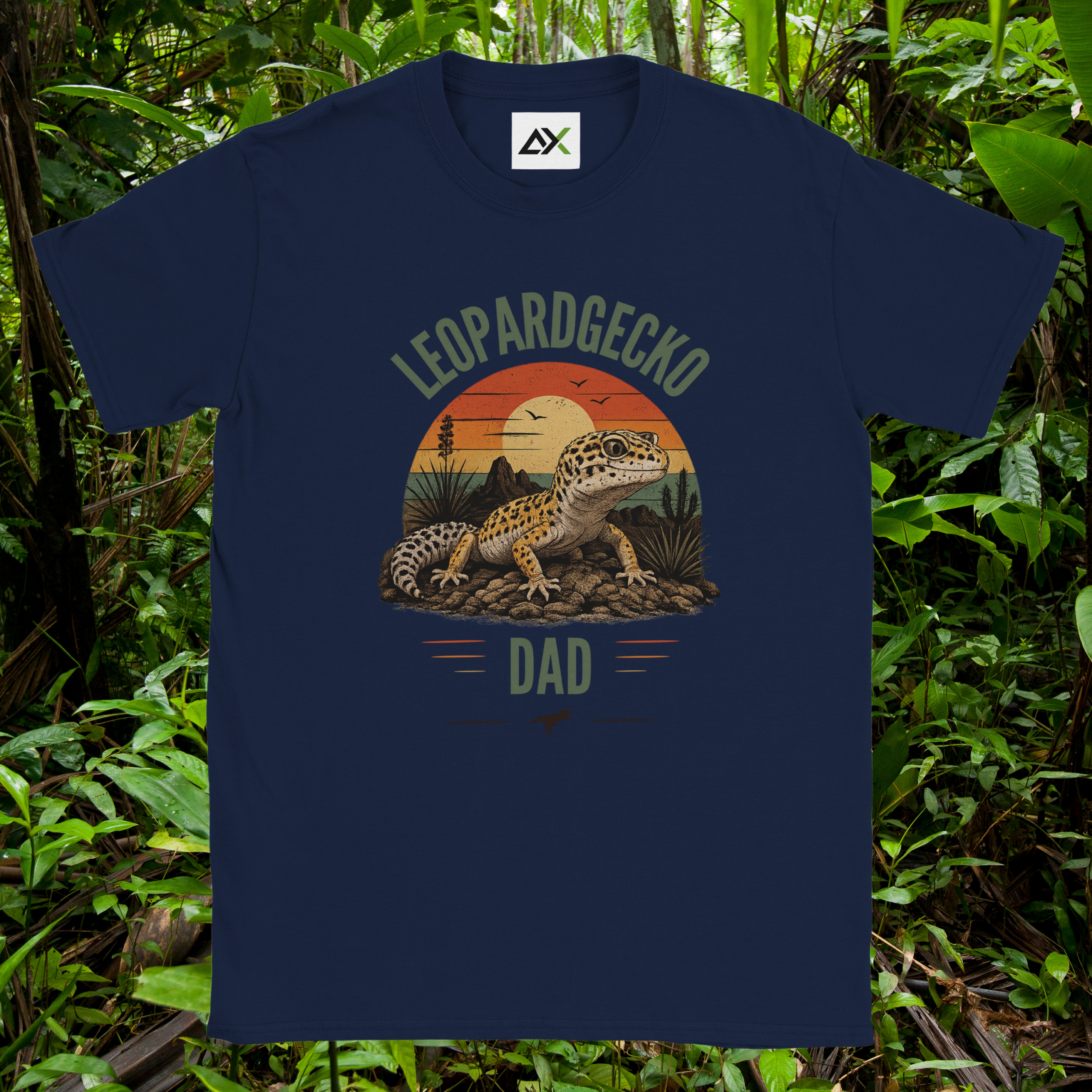 Navy Leopard Gecko Dad shirt with retro sunset design