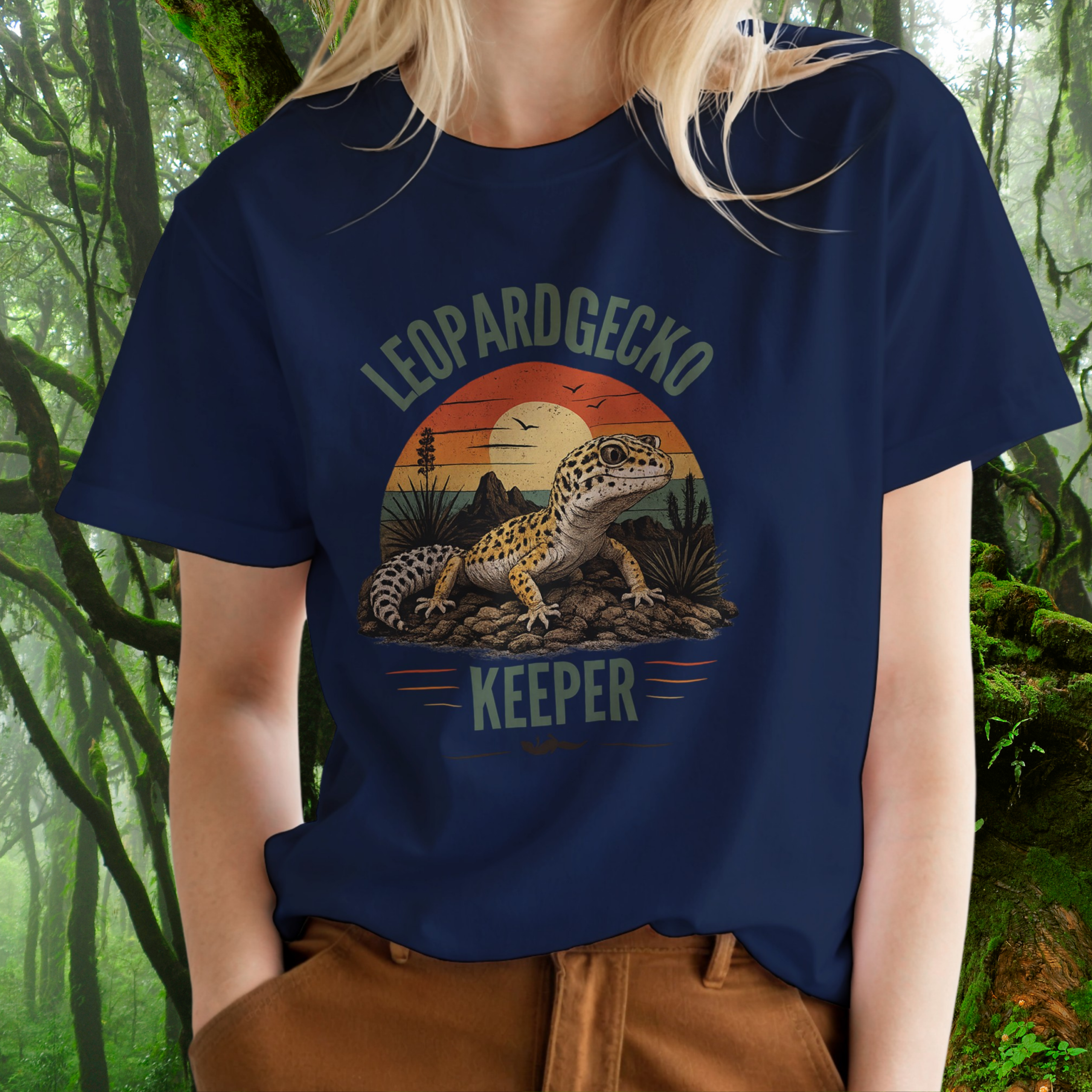 Woman wearing a navy Leopard Gecko Keeper shirt