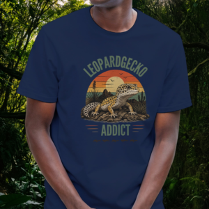 Man wearing a navy Leopard Gecko Addict shirt