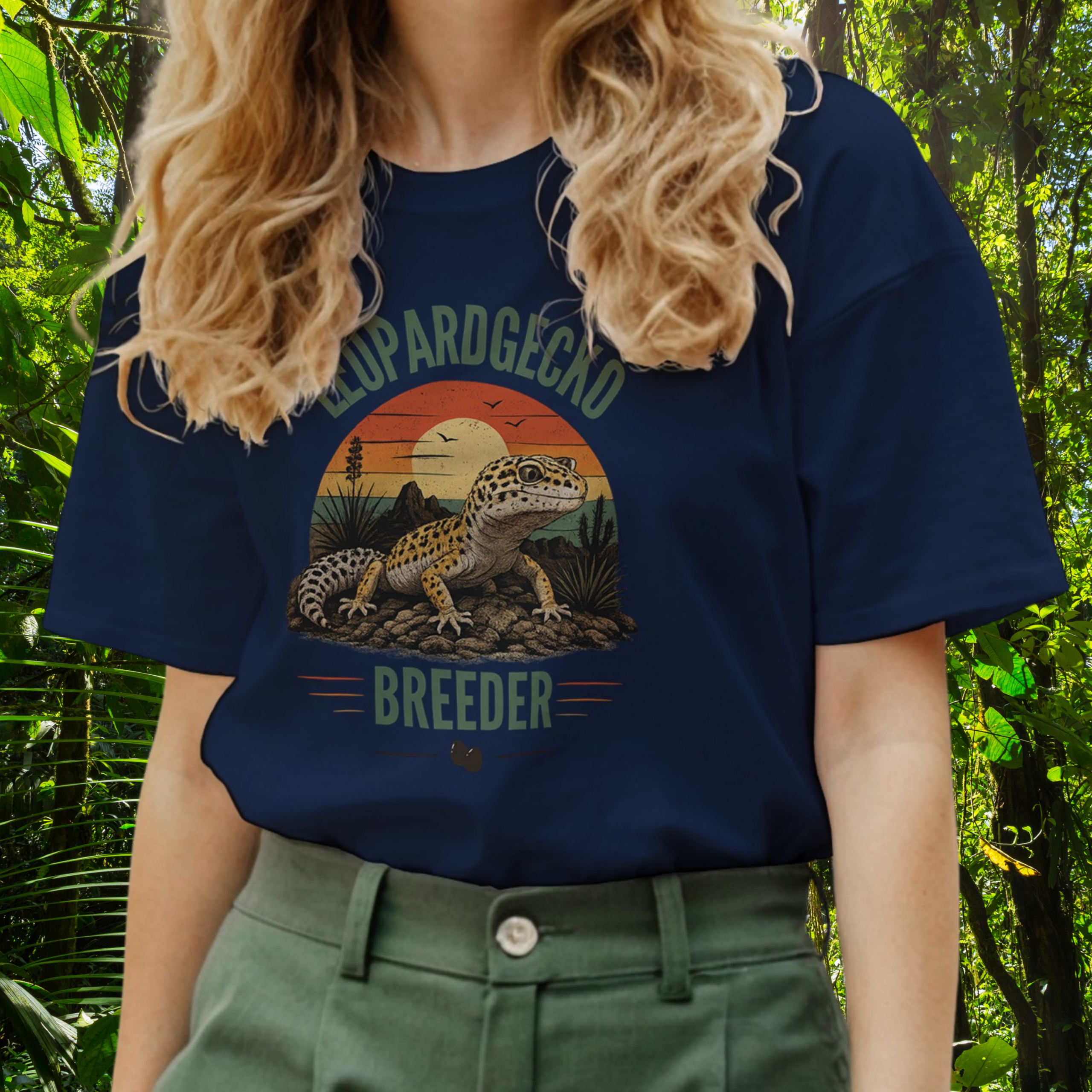 Woman wearing a navy Leopard Gecko Breeder shirt