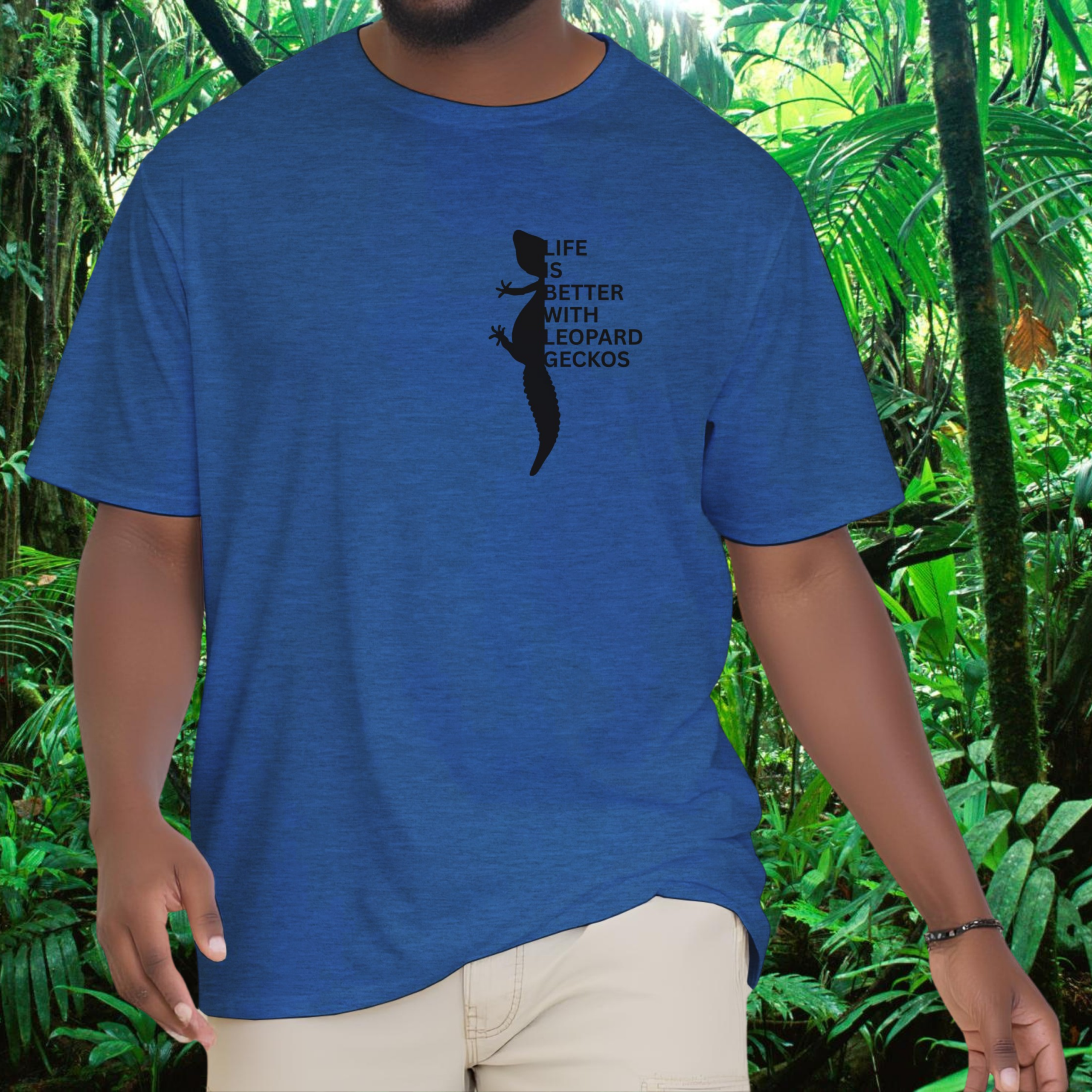 Man wearing a heather royal Leopard Gecko shirt from the Life is better Collection