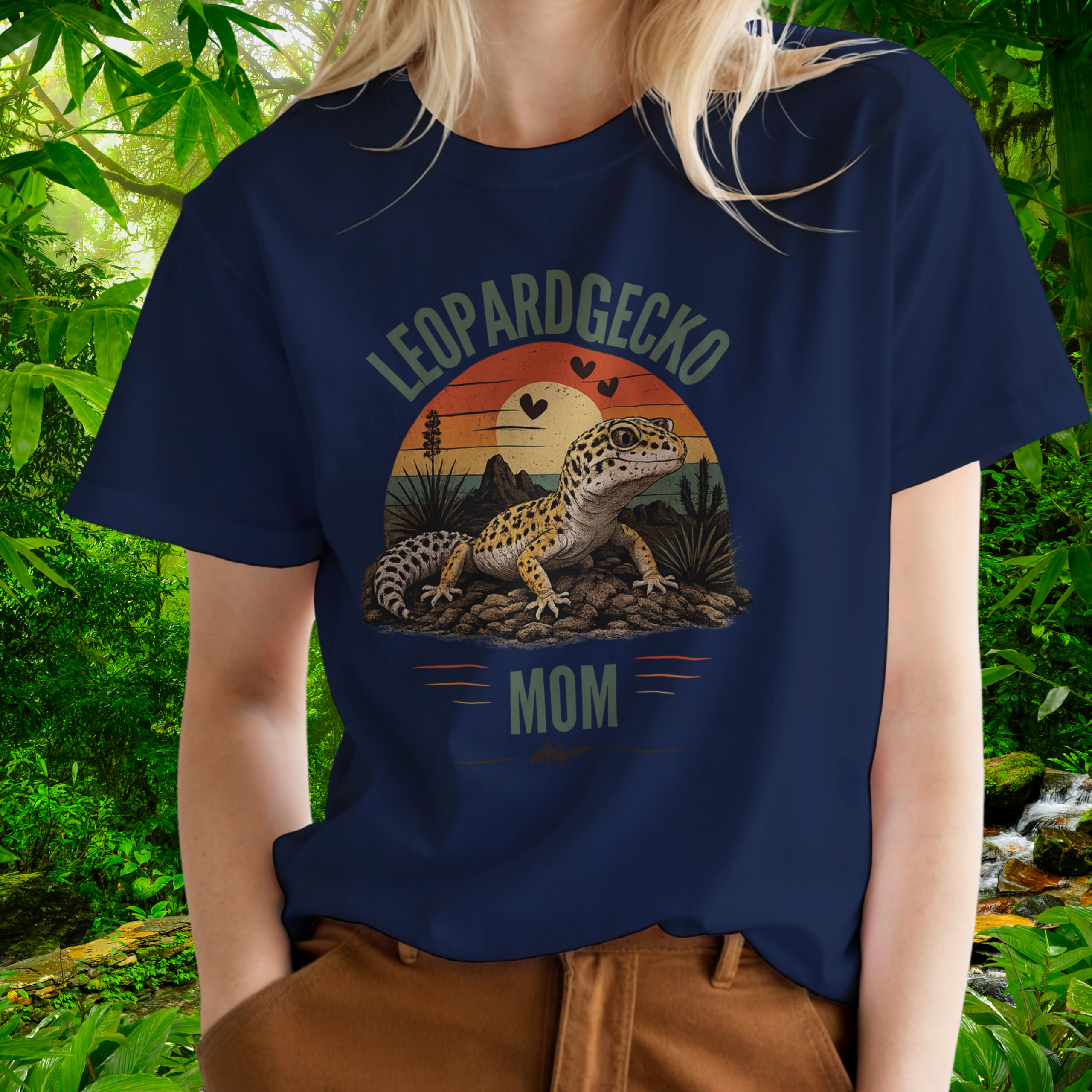 Woman wearing a navy Leopard Gecko Mom shirt