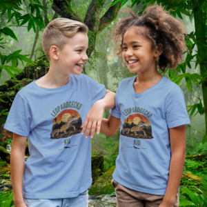 Leopard Gecko Kids Shirts – Light Blue Children wearing Light Blue Leopard Gecko KID shirts by Aurexico