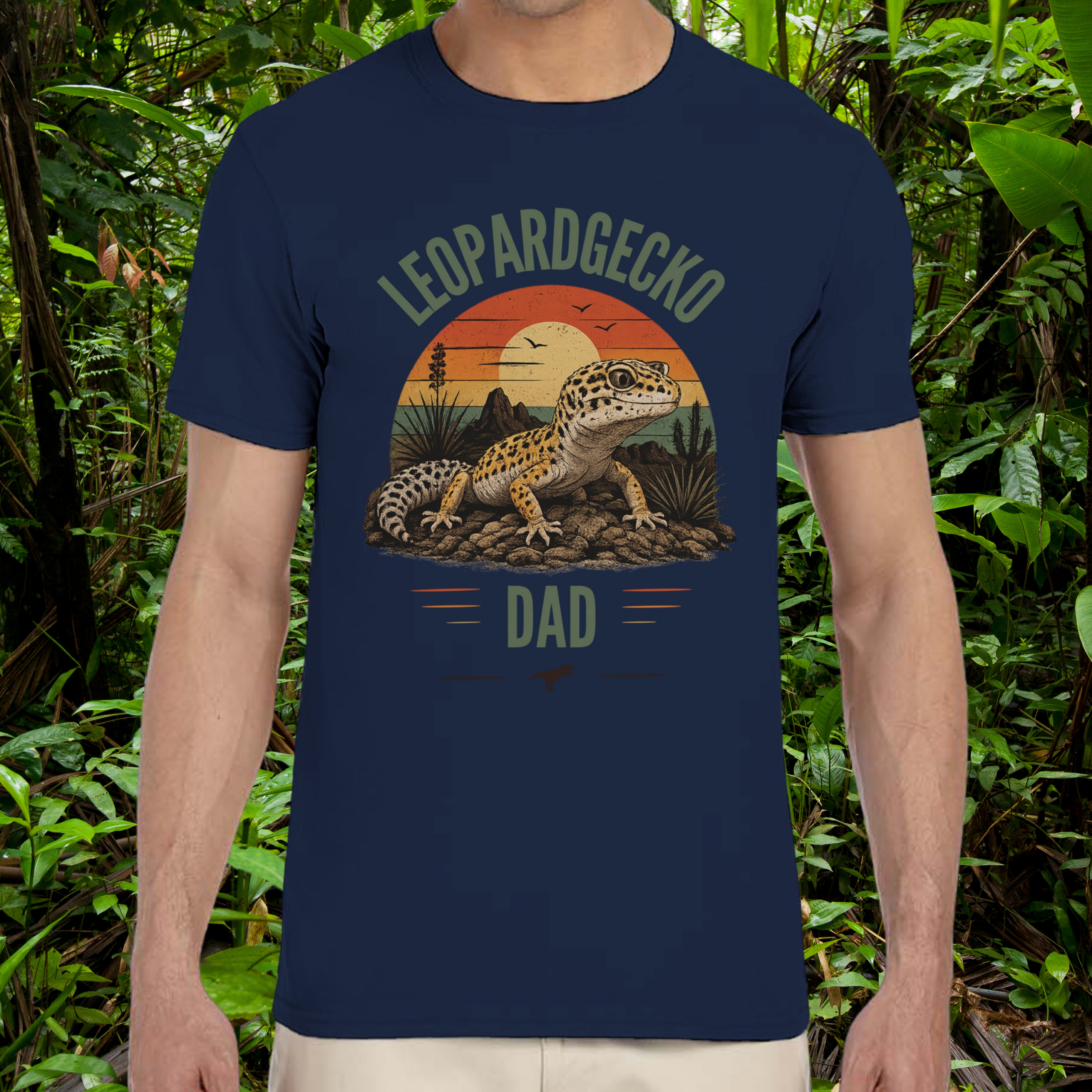 Man wearing a navy Leopard Gecko Dad shirt