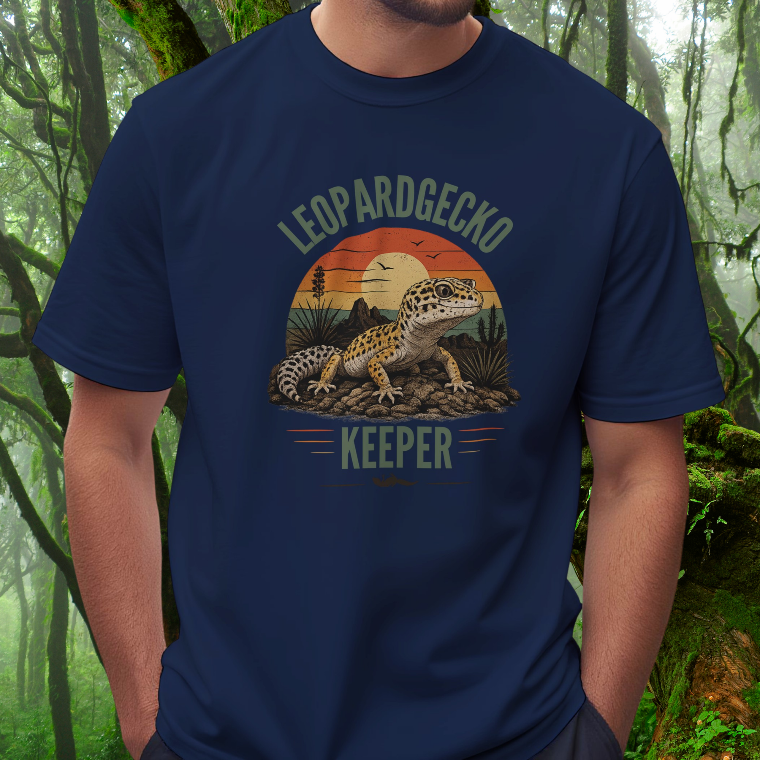 Man wearing a navy Leopard Gecko Keeper shirt