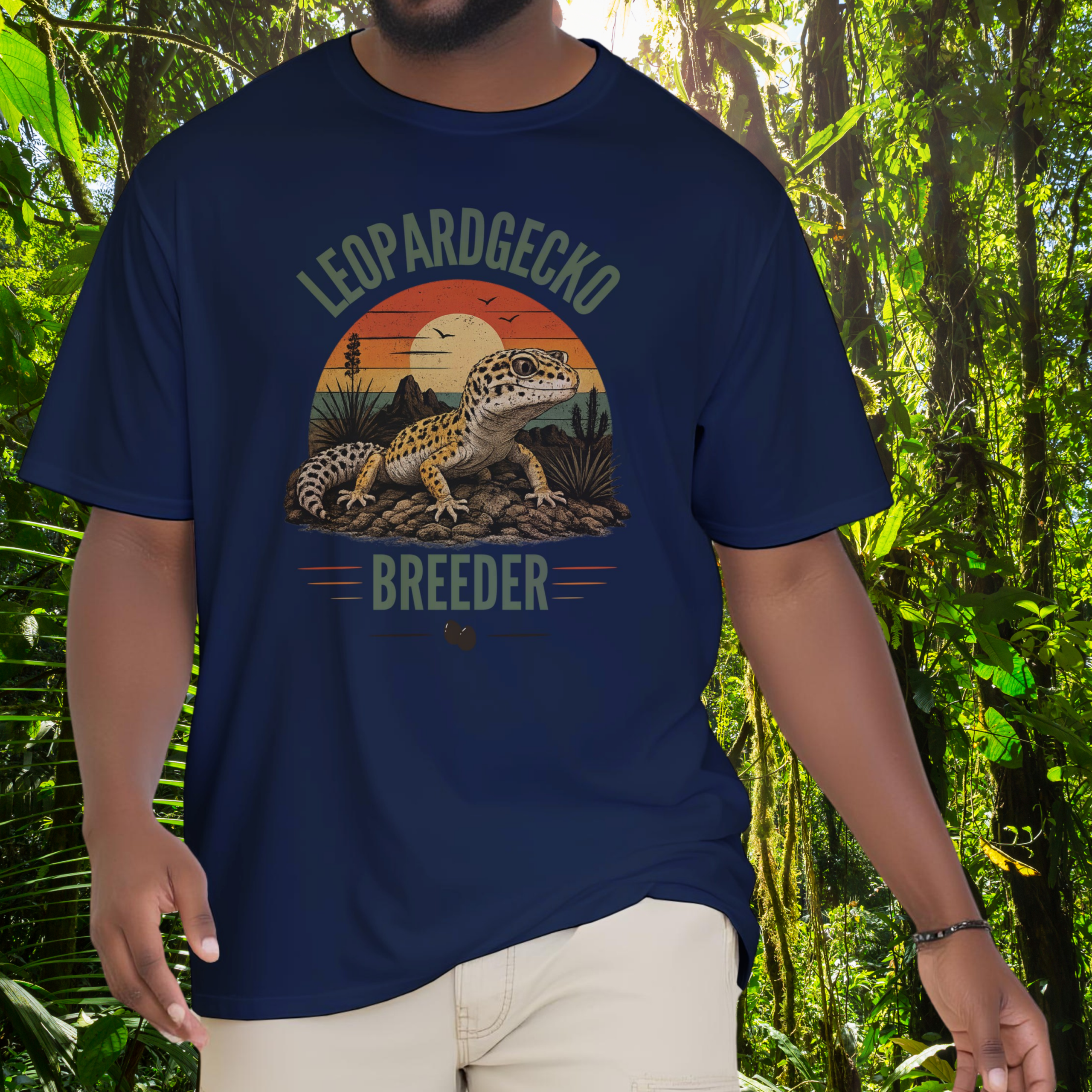 Man wearing a navy Leopard Gecko Breeder shirt