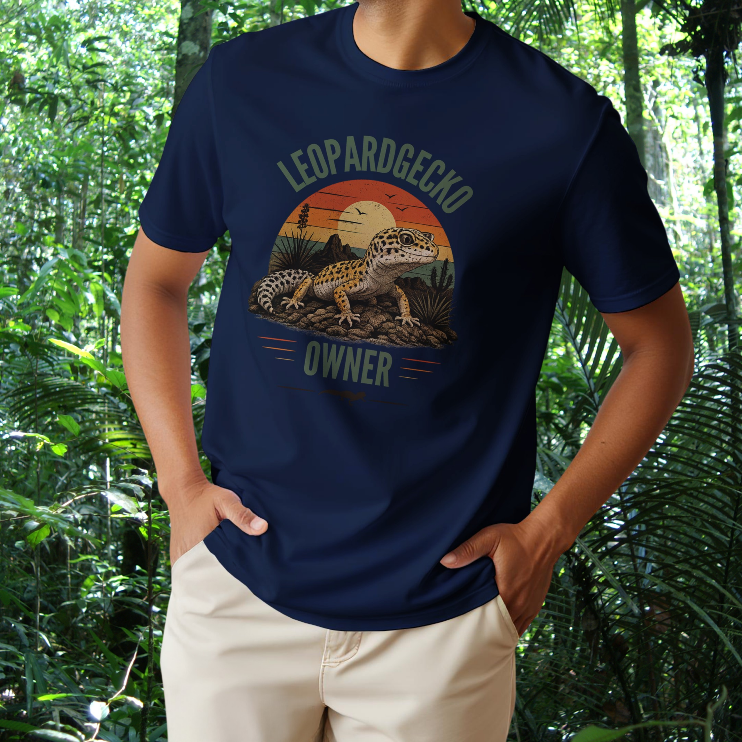 Man wearing a navy Leopard Gecko Owner shirt