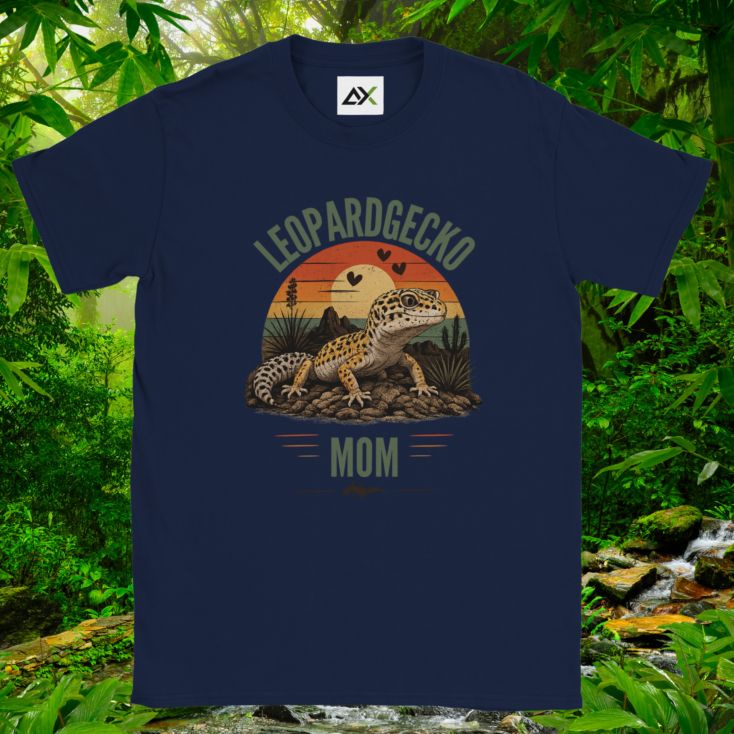 Navy Leopard Gecko Mom shirt with leopard gecko sunset design