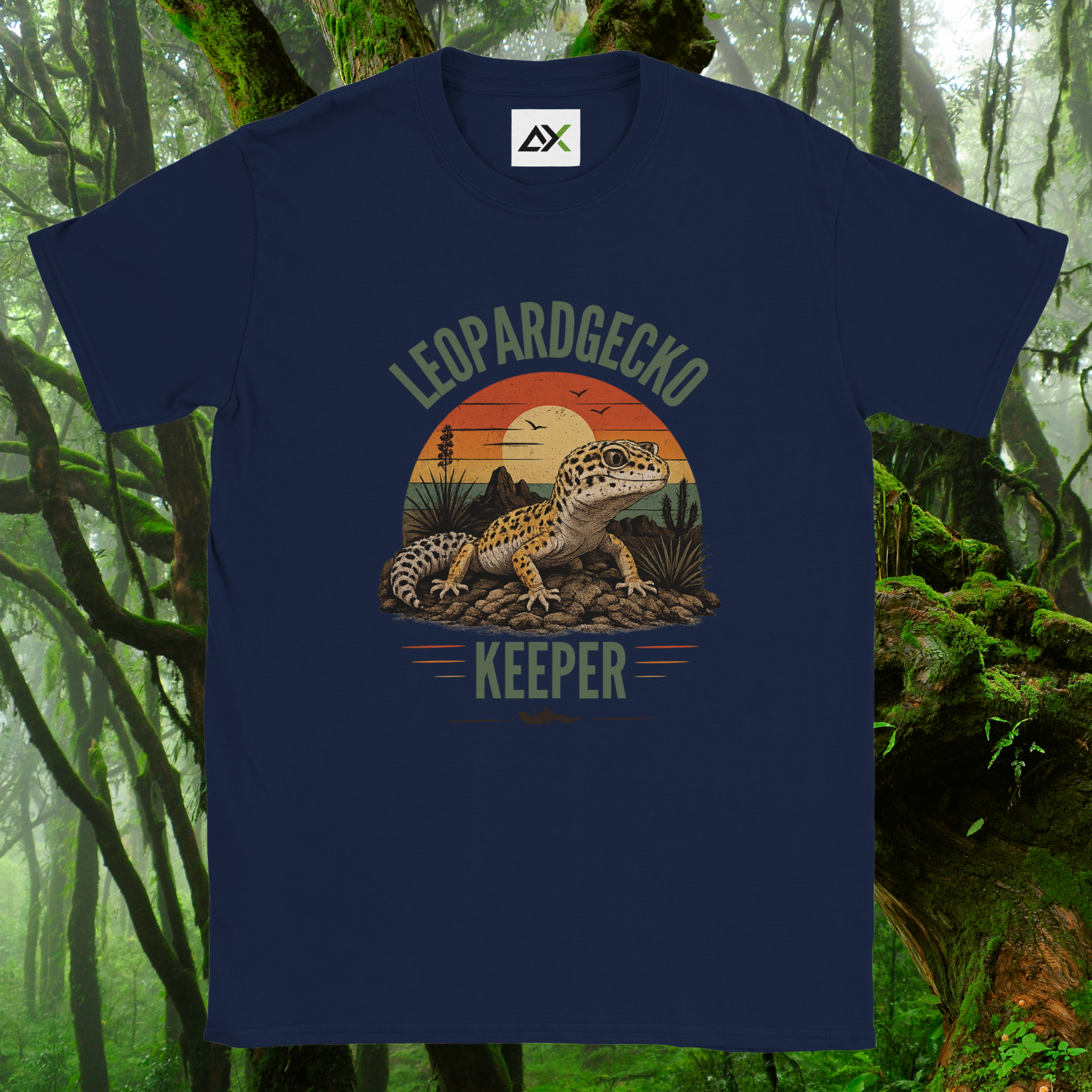 Navy Leopard Gecko Keeper shirt with retro sunset design
