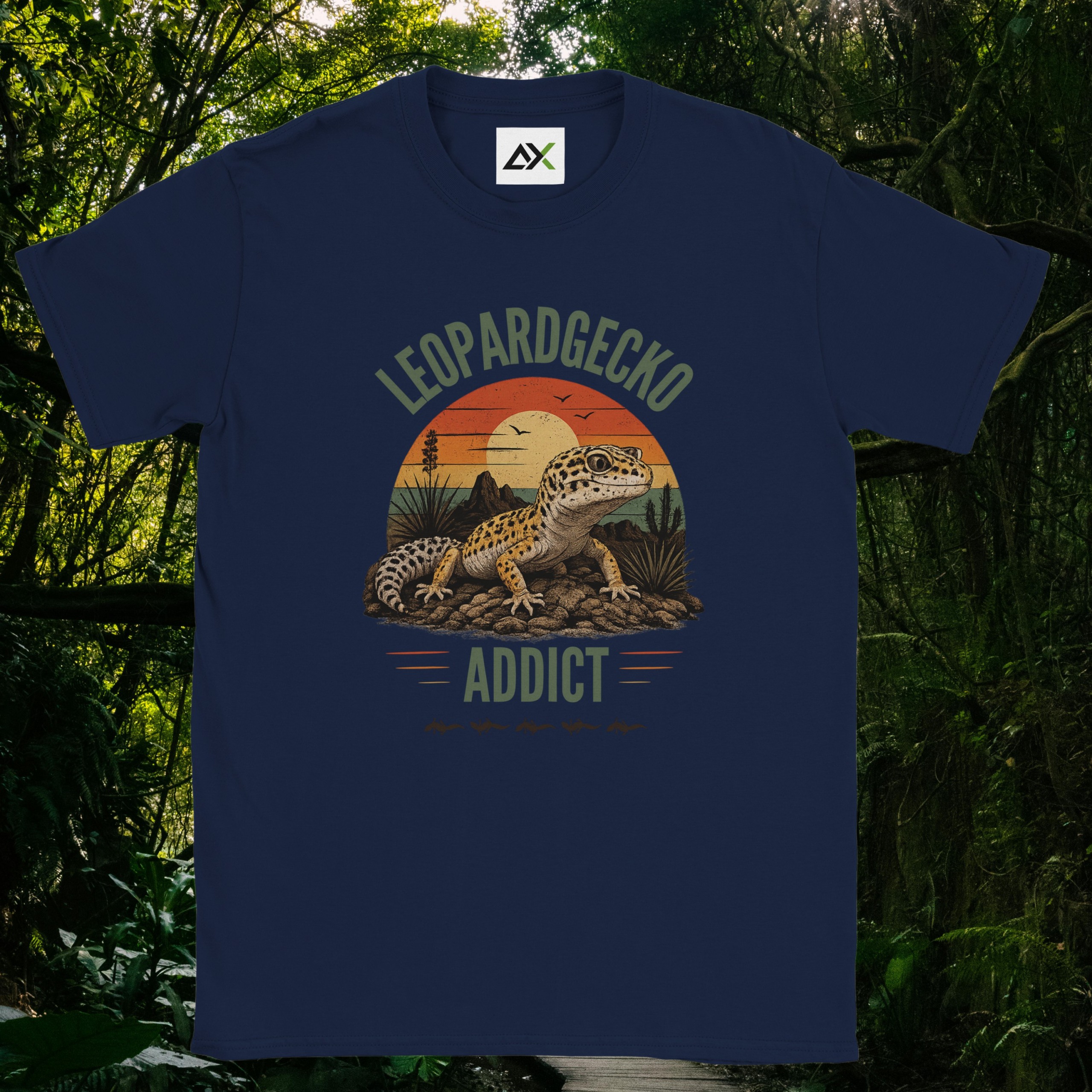 Navy Leopard Gecko Addict shirt with retro sunset design